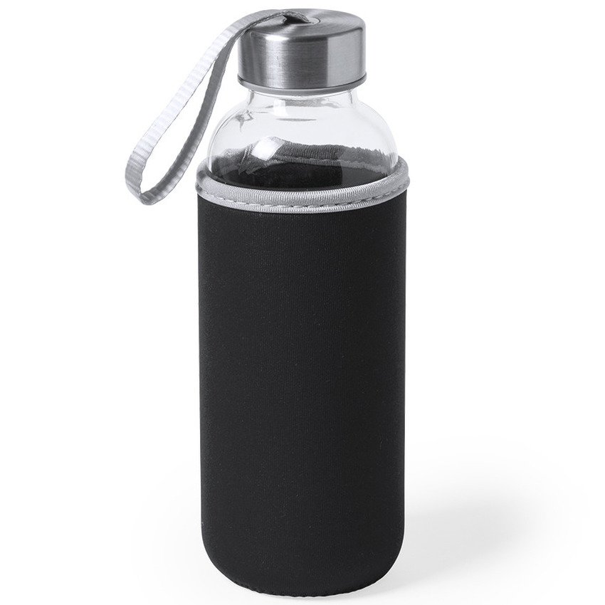 Glazen waterfles-drinkfles met zwarte softshell bescherm hoes 420 ml
