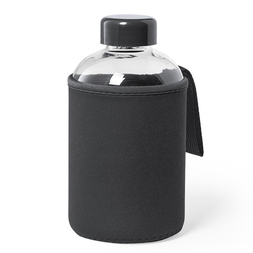 Glazen waterfles-drinkfles met zwarte softshell bescherm hoes 600 ml