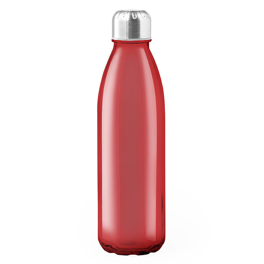 Glazen waterfles-drinkfles rood transparant met RVS dop 650 ml