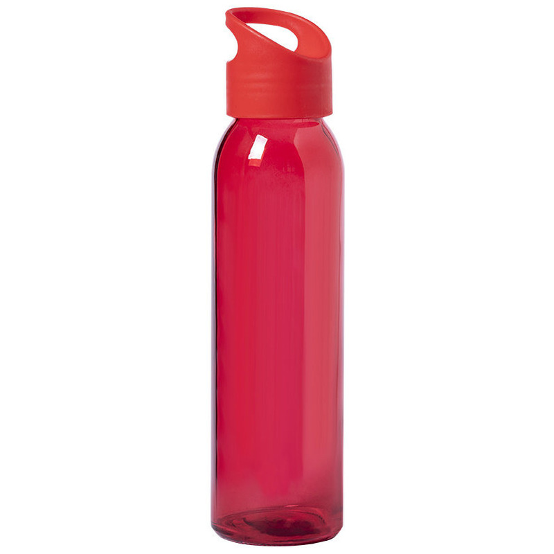 Glazen waterfles-drinkfles rood transparant met schroefdop met handvat 470 ml