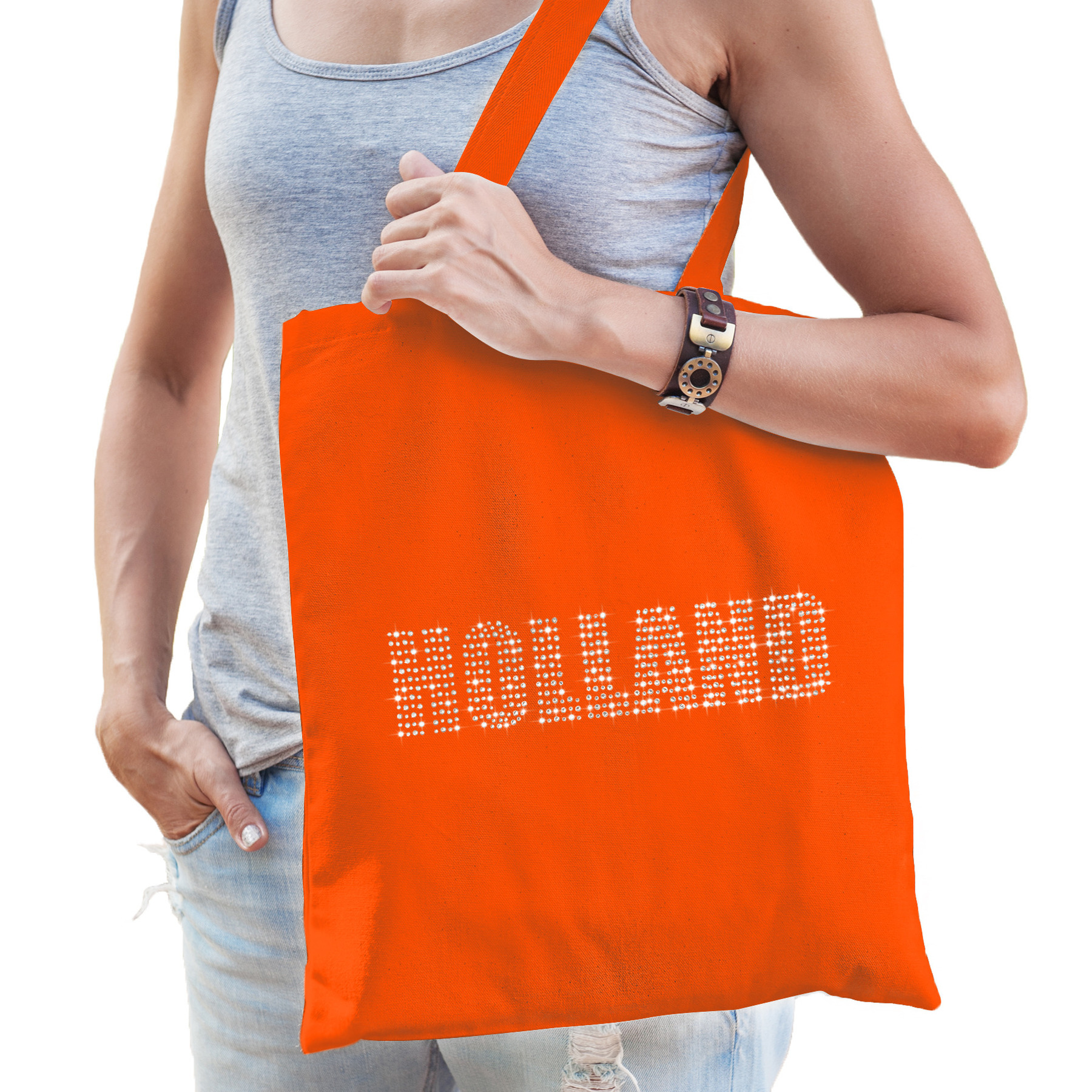 Glitter Holland katoenen tas oranje rhinestones steentjes voor dames en heren Nederland supporter EK