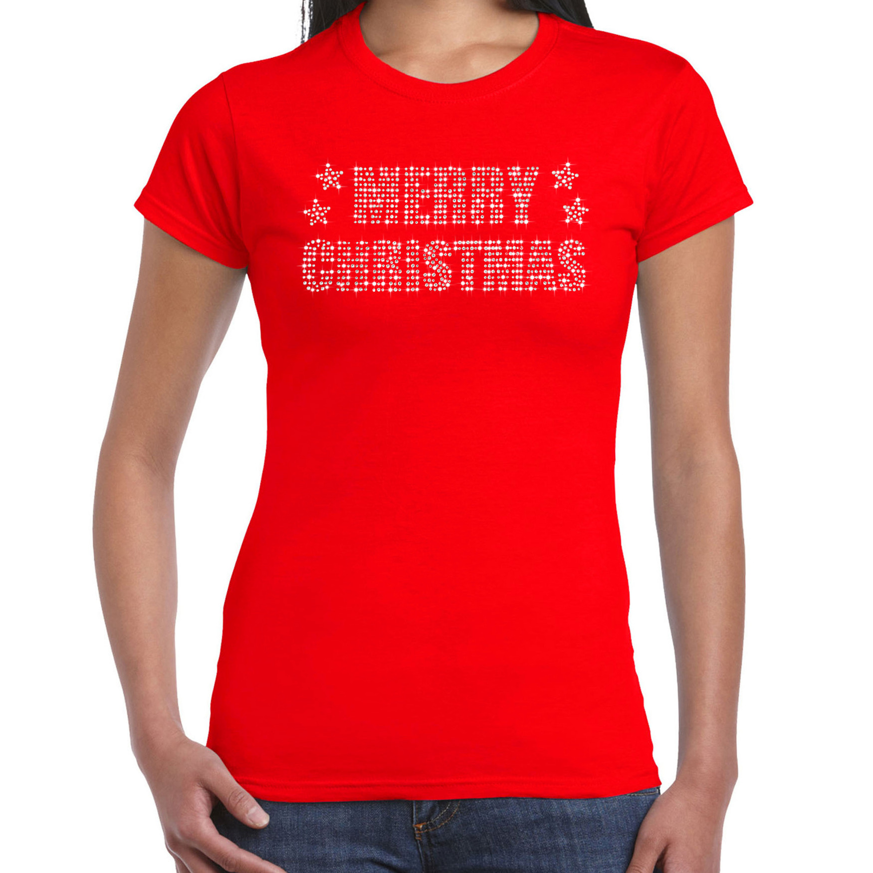 Glitter kerst t-shirt rood Merry Christmas glitter steentjes voor dames Glitter kerst shirt