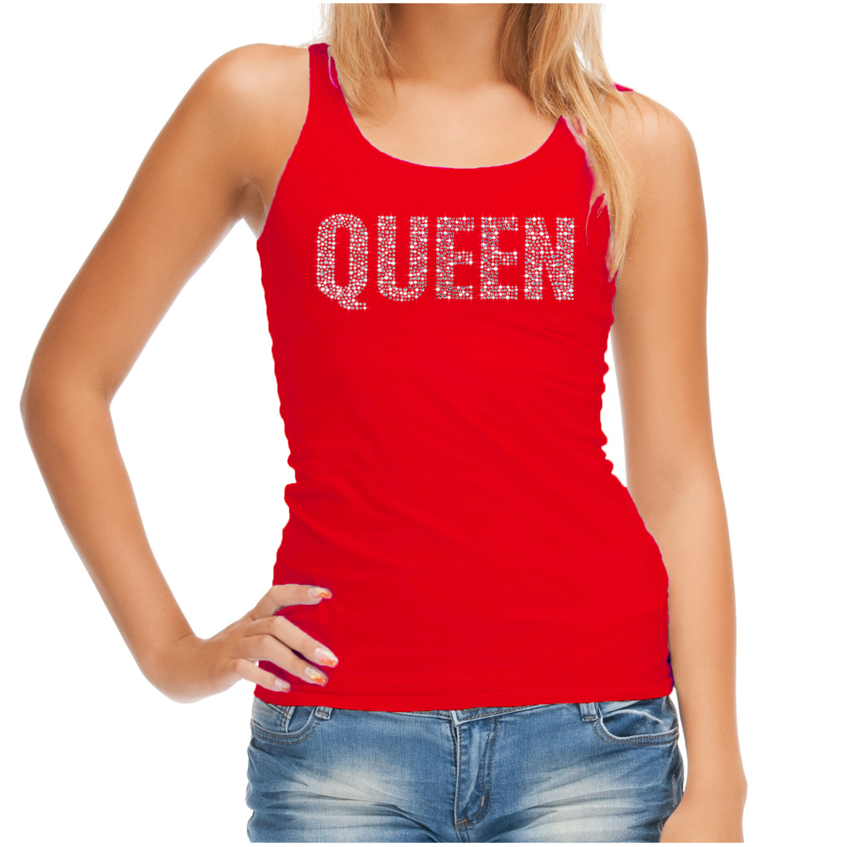 Glitter Queen tanktop rood rhinestones steentjes voor dames Glitter top- outfit