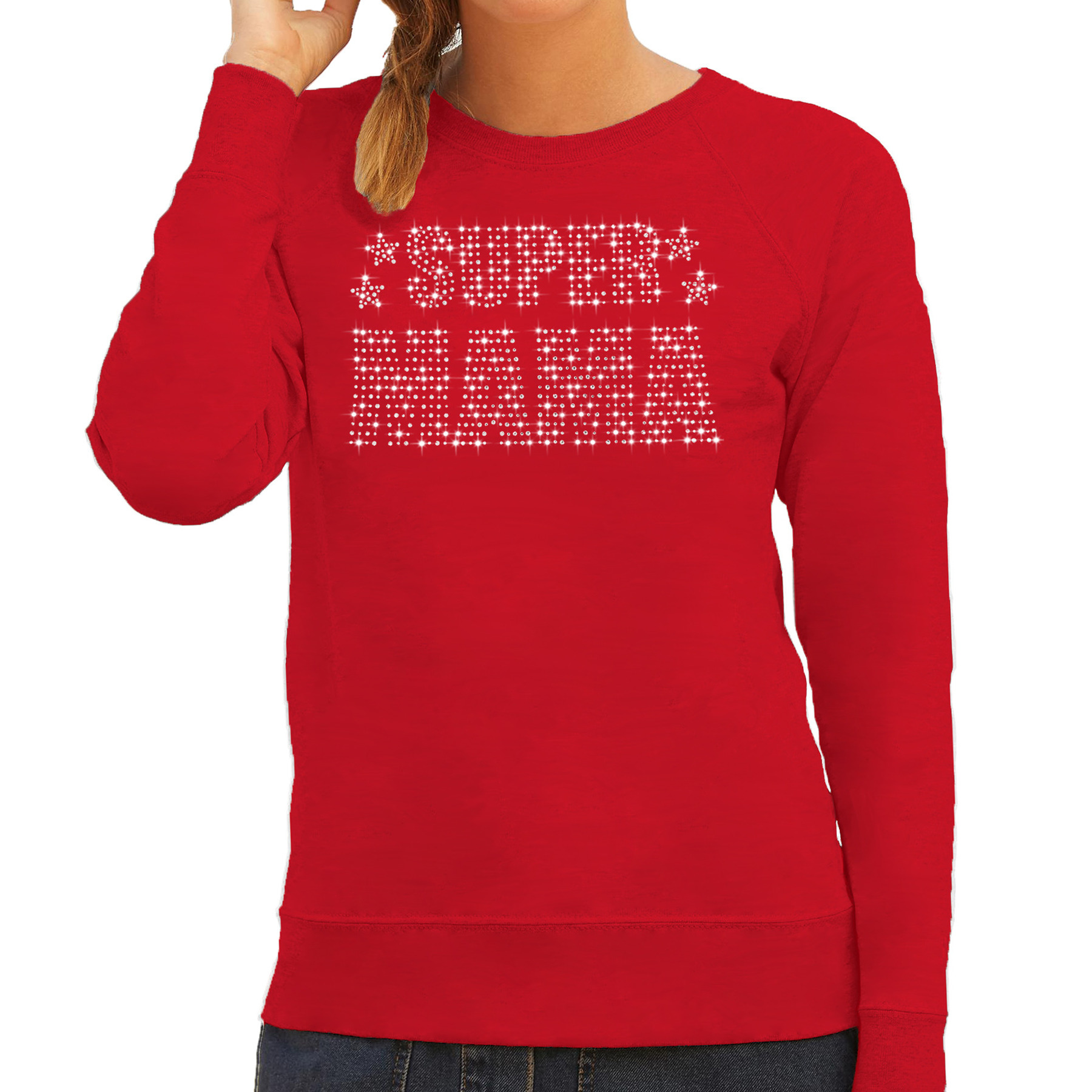 Glitter Super Mama sweater rood Moederdag cadeau rhinestones steentjes voor dames