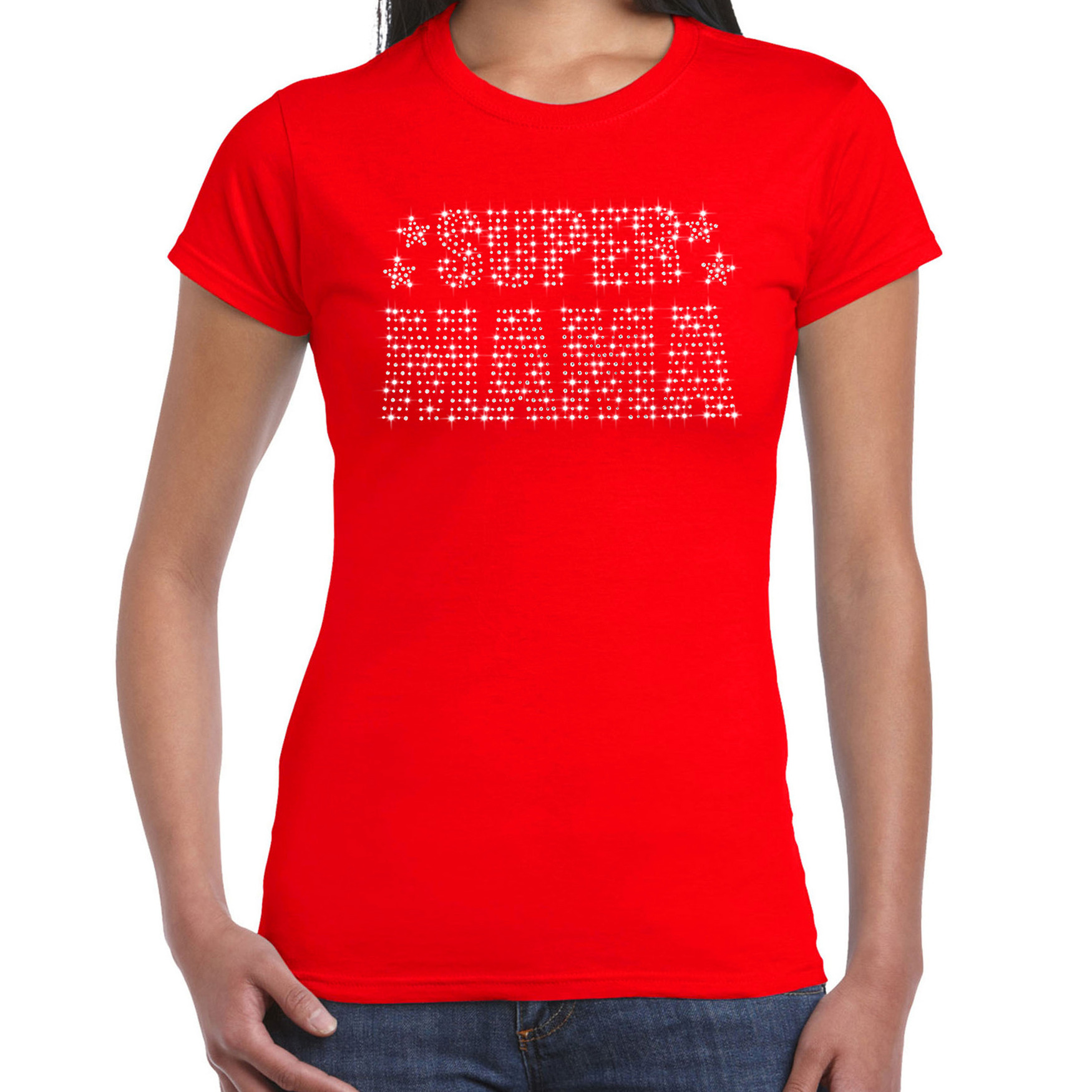 Glitter Super Mama t-shirt rood Moederdag cadeau rhinestones steentjes voor dames