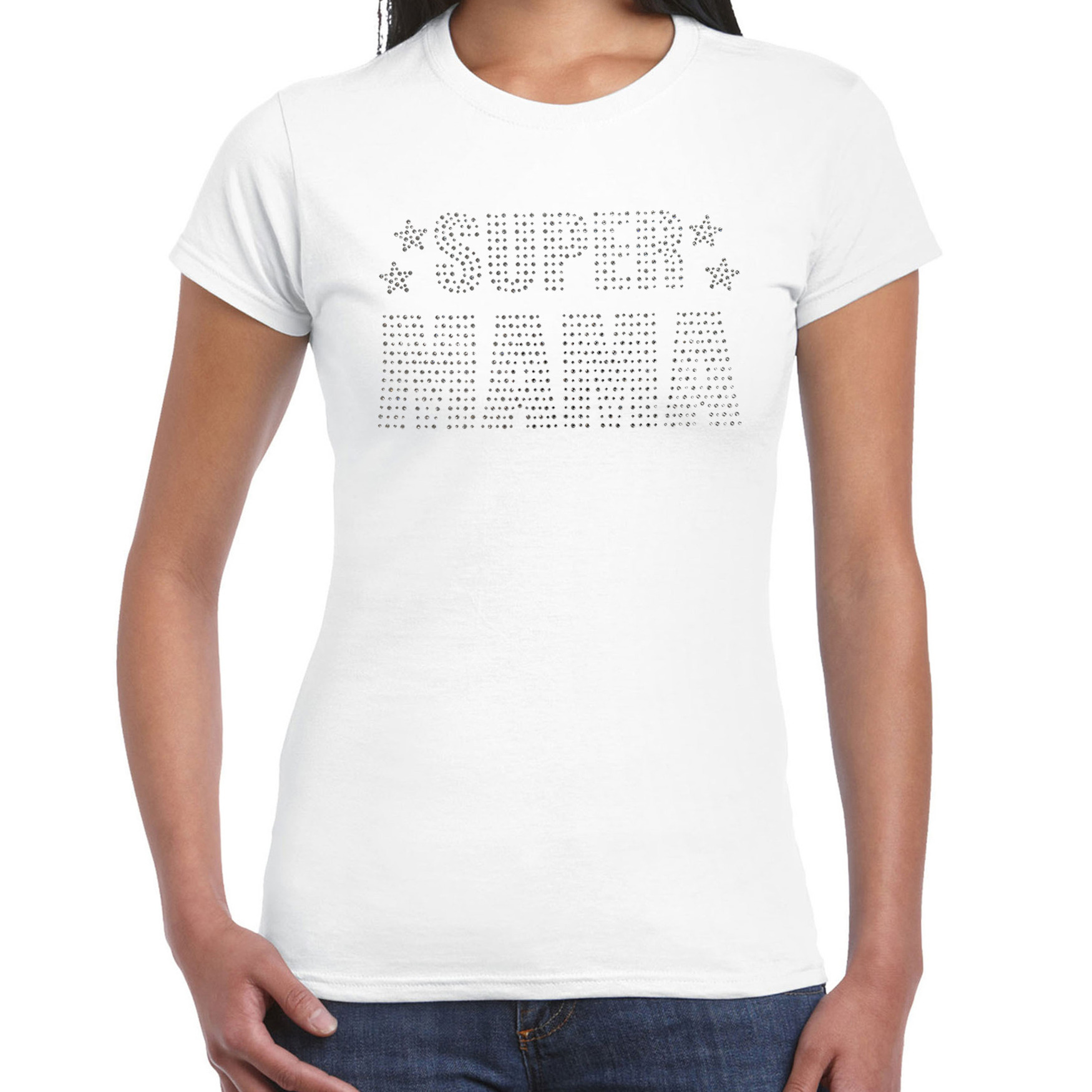Glitter Super Mama t-shirt wit Moederdag cadeau rhinestones steentjes voor dames