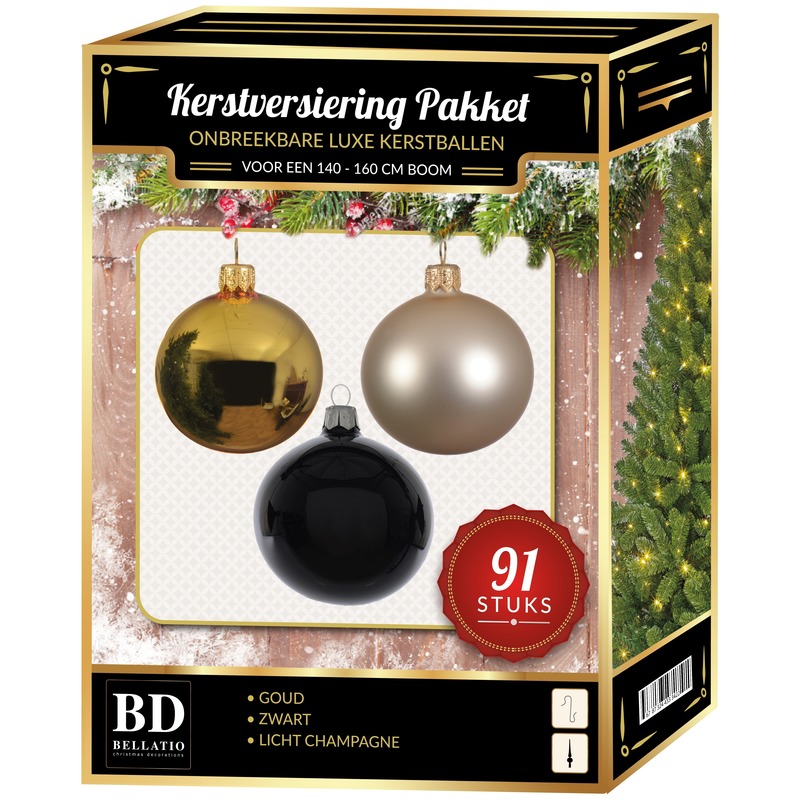 Gouden-champagne-zwarte kerstballen pakket 91-delig voor 150 cm boom