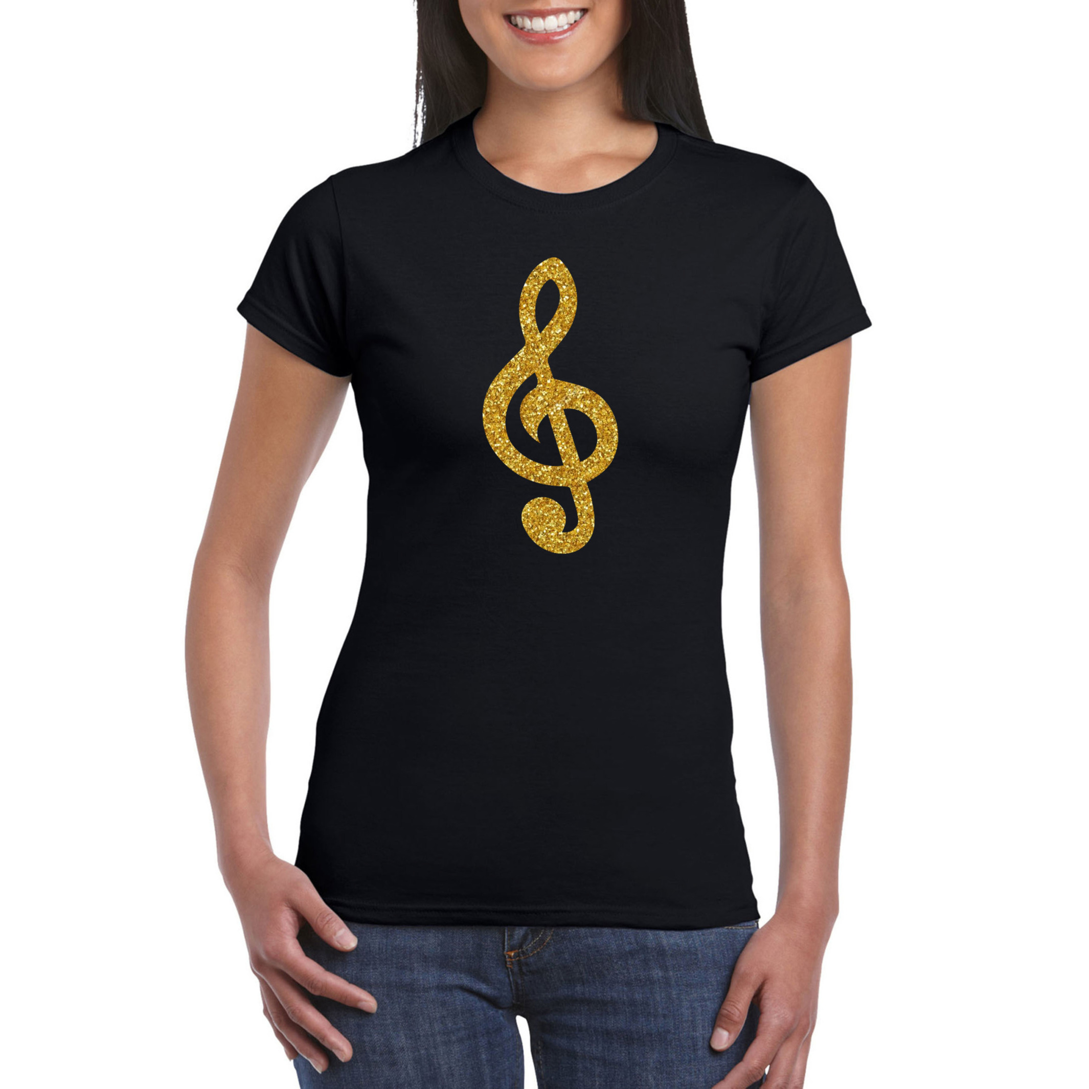 Gouden muziek noot G-sleutel t-shirt zwart voor dames
