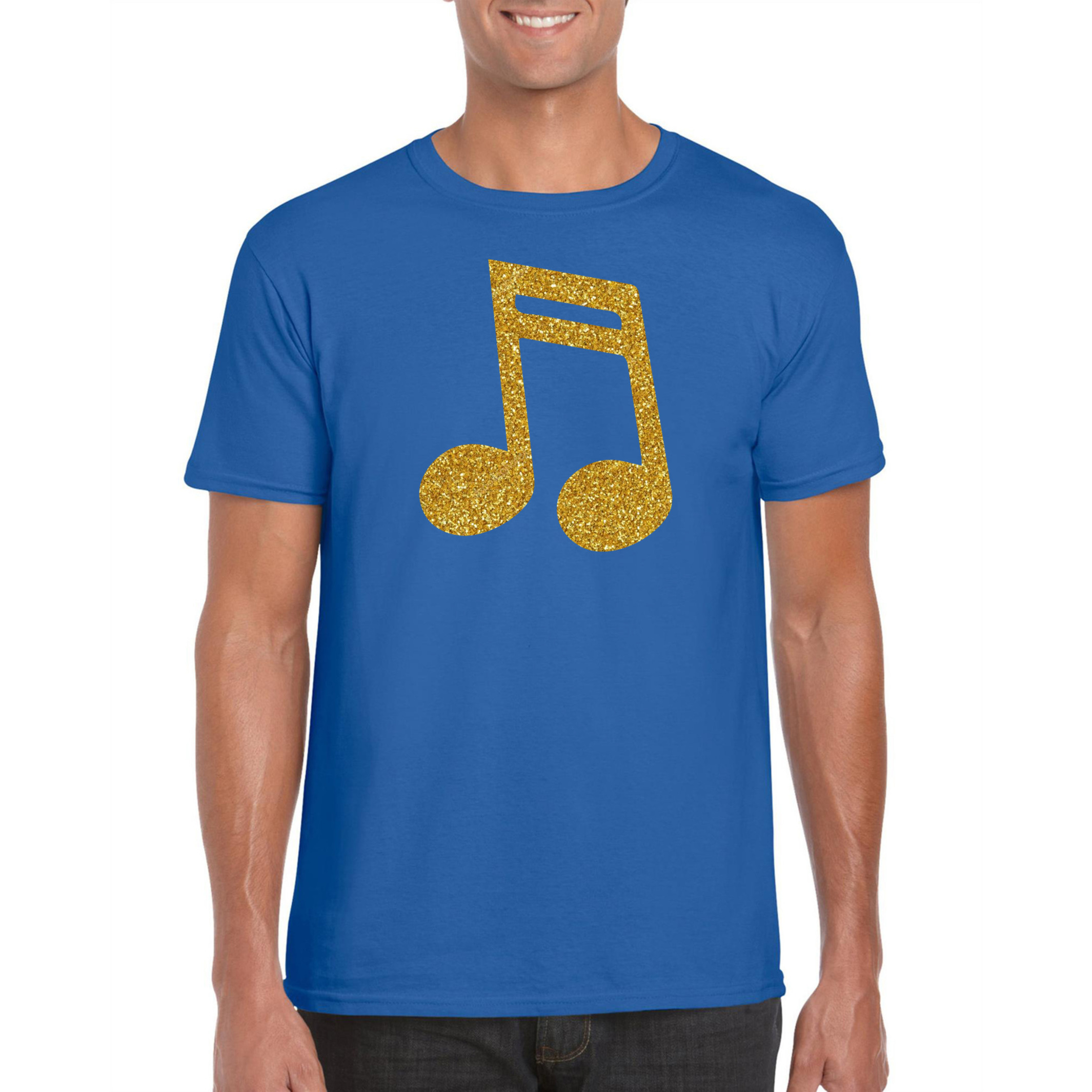 Gouden muziek noot t-shirt blauw voor heren