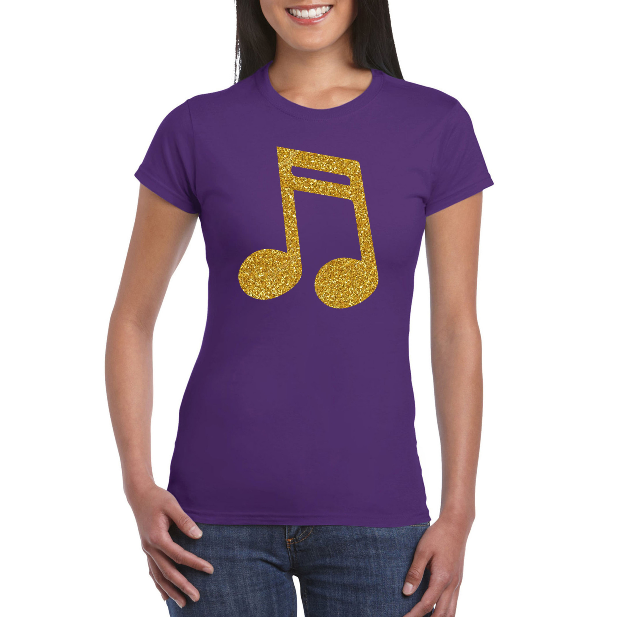 Gouden muziek noot t-shirt paars voor dames