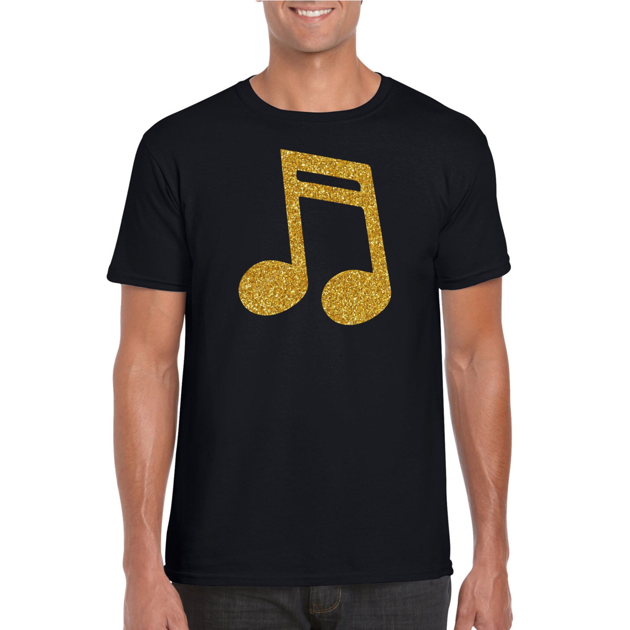 Gouden muziek noot t-shirt zwart voor heren