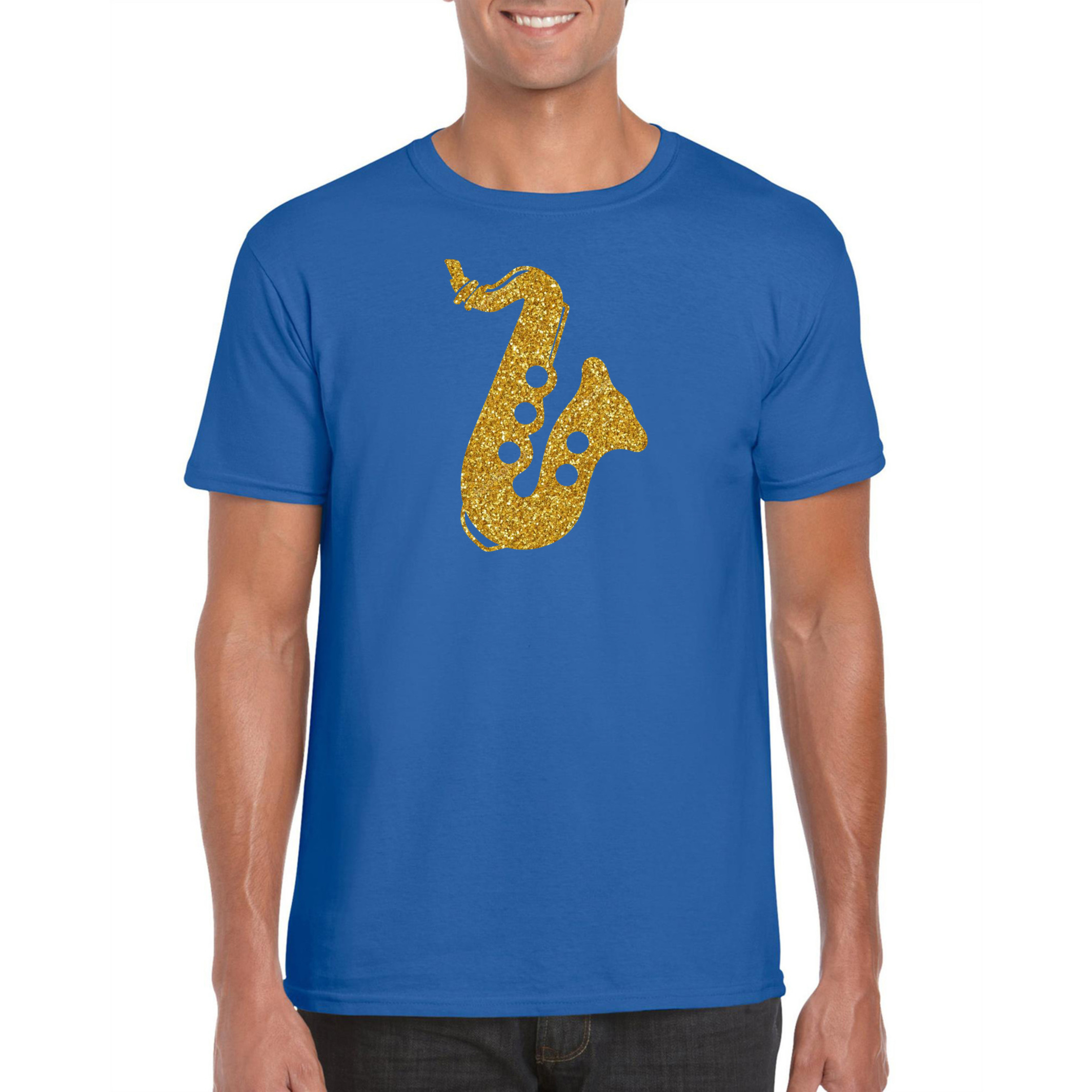 Gouden muziek saxofoon t-shirt blauw voor heren outfit voor saxofonisten