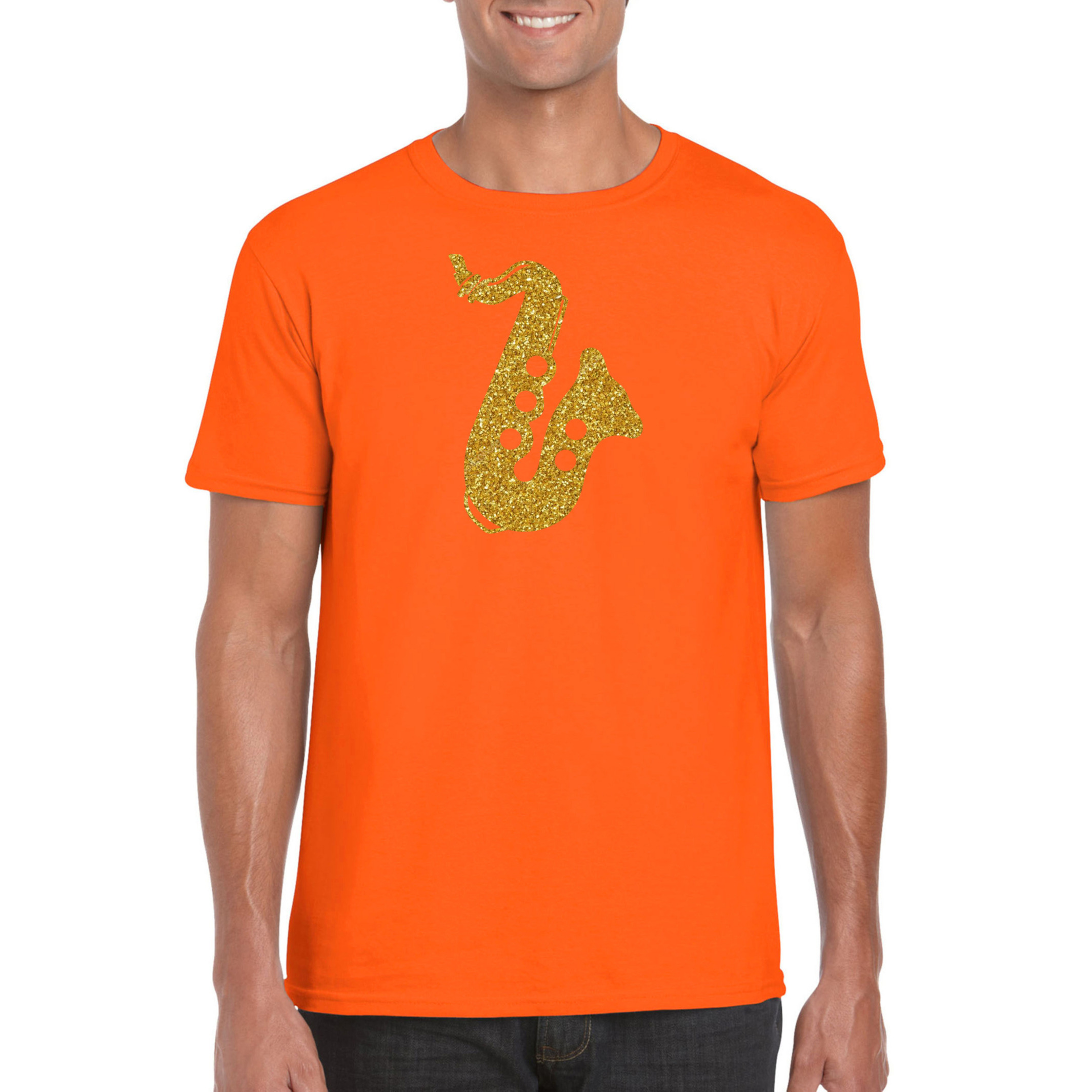 Gouden muziek saxofoon t-shirt oranje voor heren-outfit voor saxofonisten