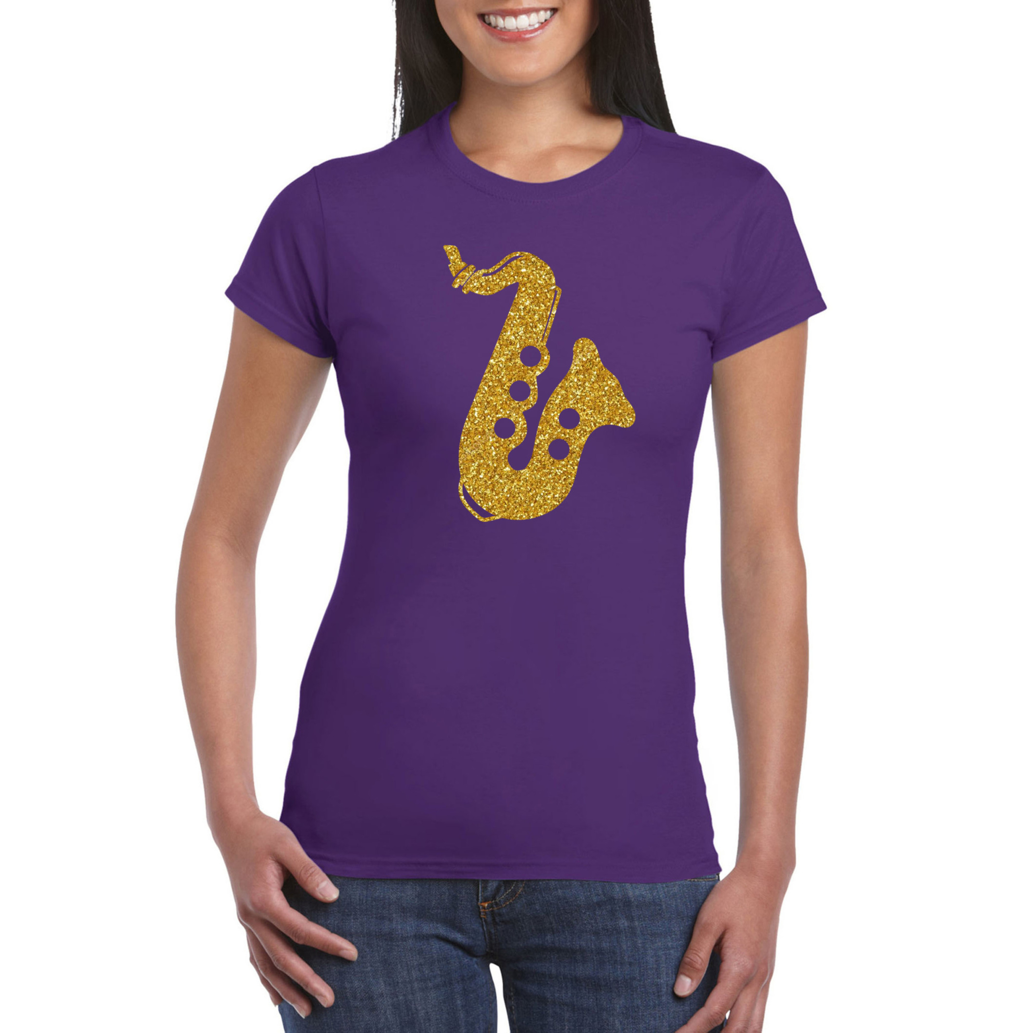 Gouden muziek saxofoon t-shirt paars voor dames saxofonisten outfit