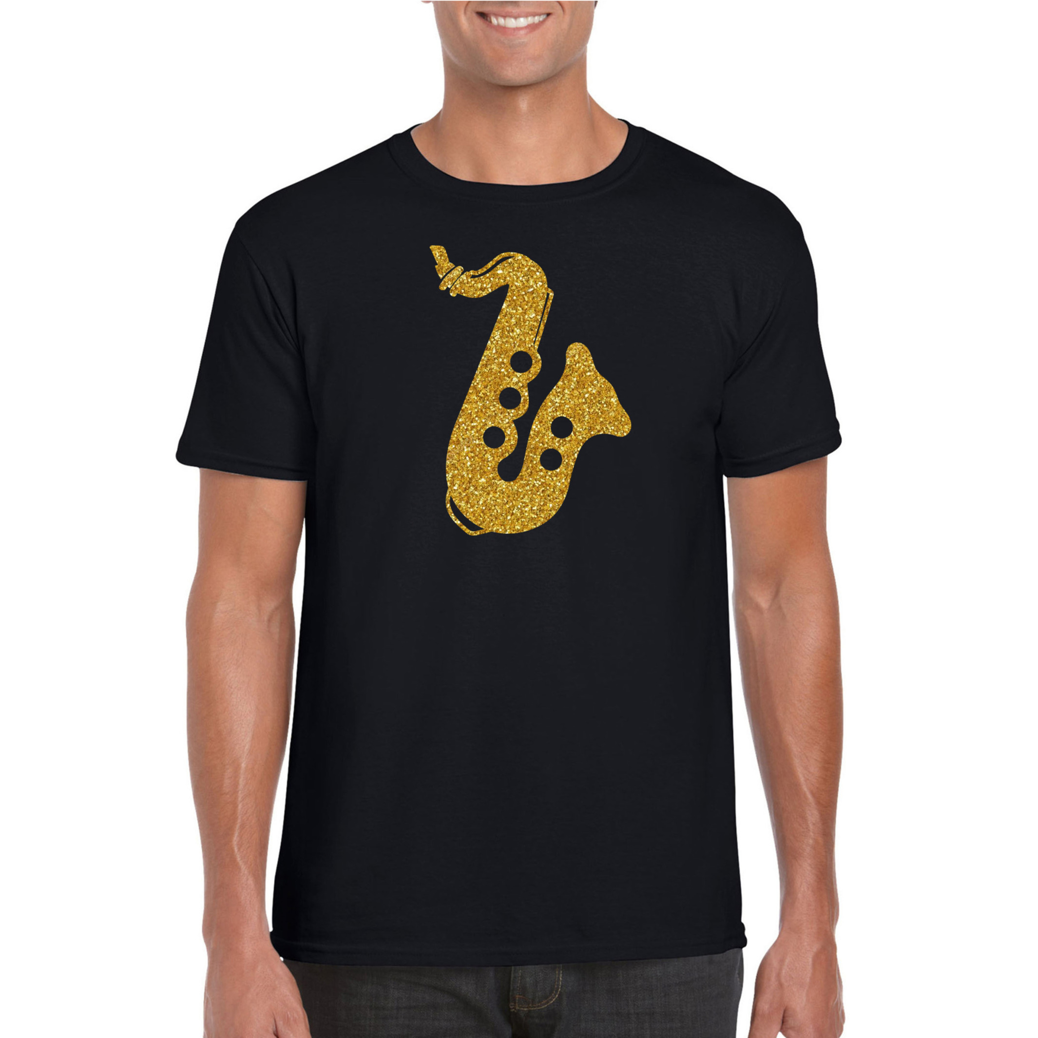 Gouden muziek saxofoon t-shirt zwart voor heren-shirt voor saxofonisten