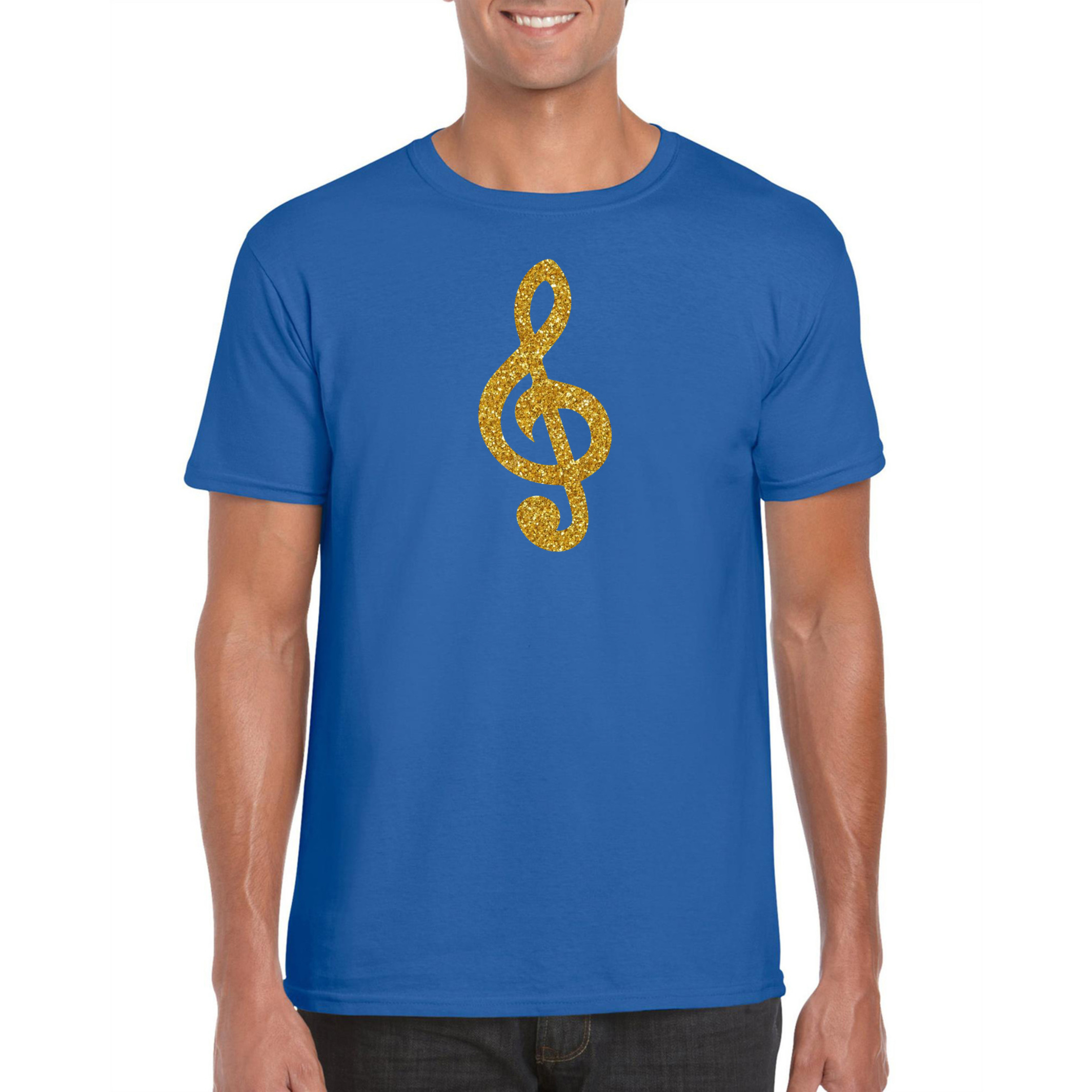 Gouden muzieknoot G-sleutel t-shirt blauw voor heren