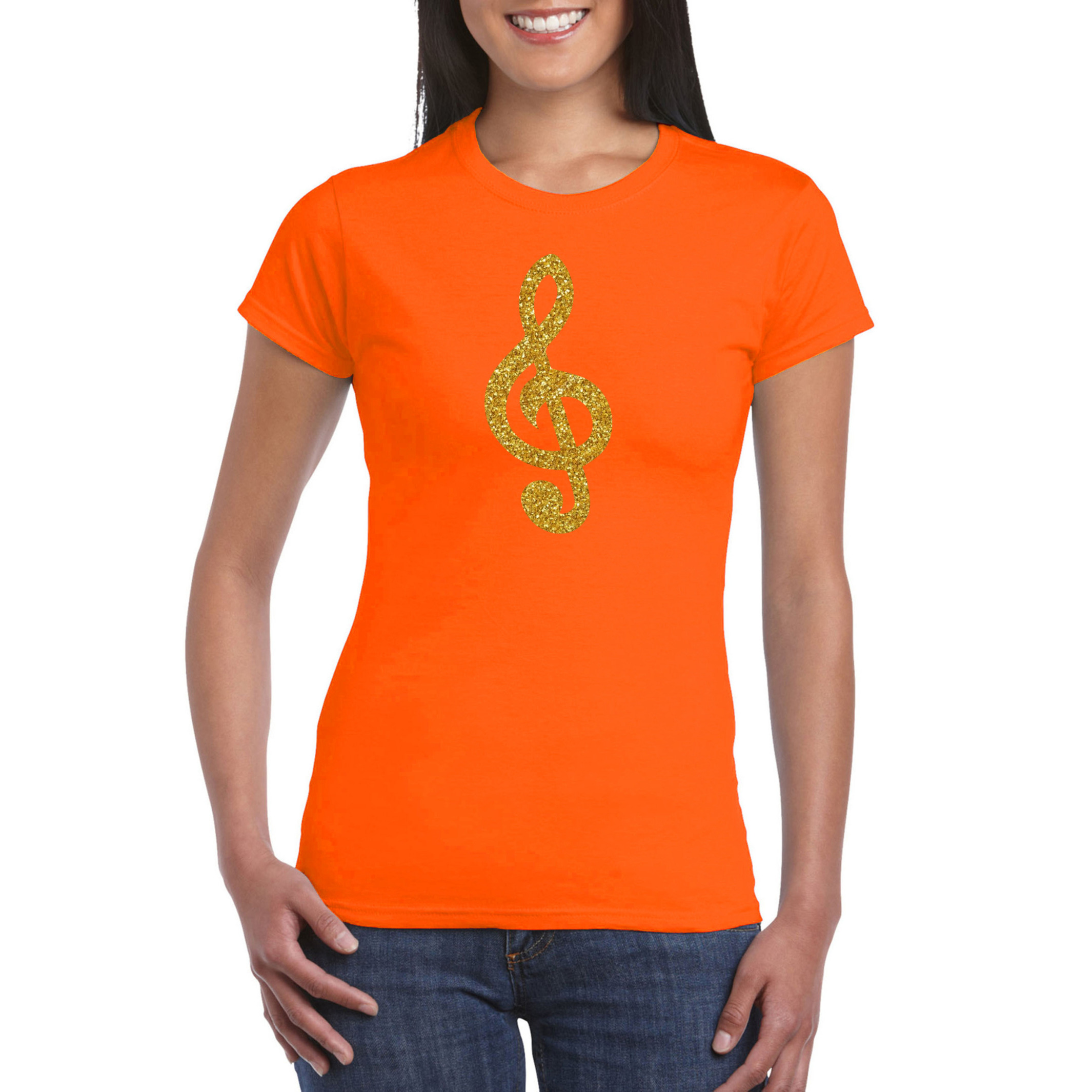 Gouden muzieknoot-G-sleutel t-shirt oranje voor dames