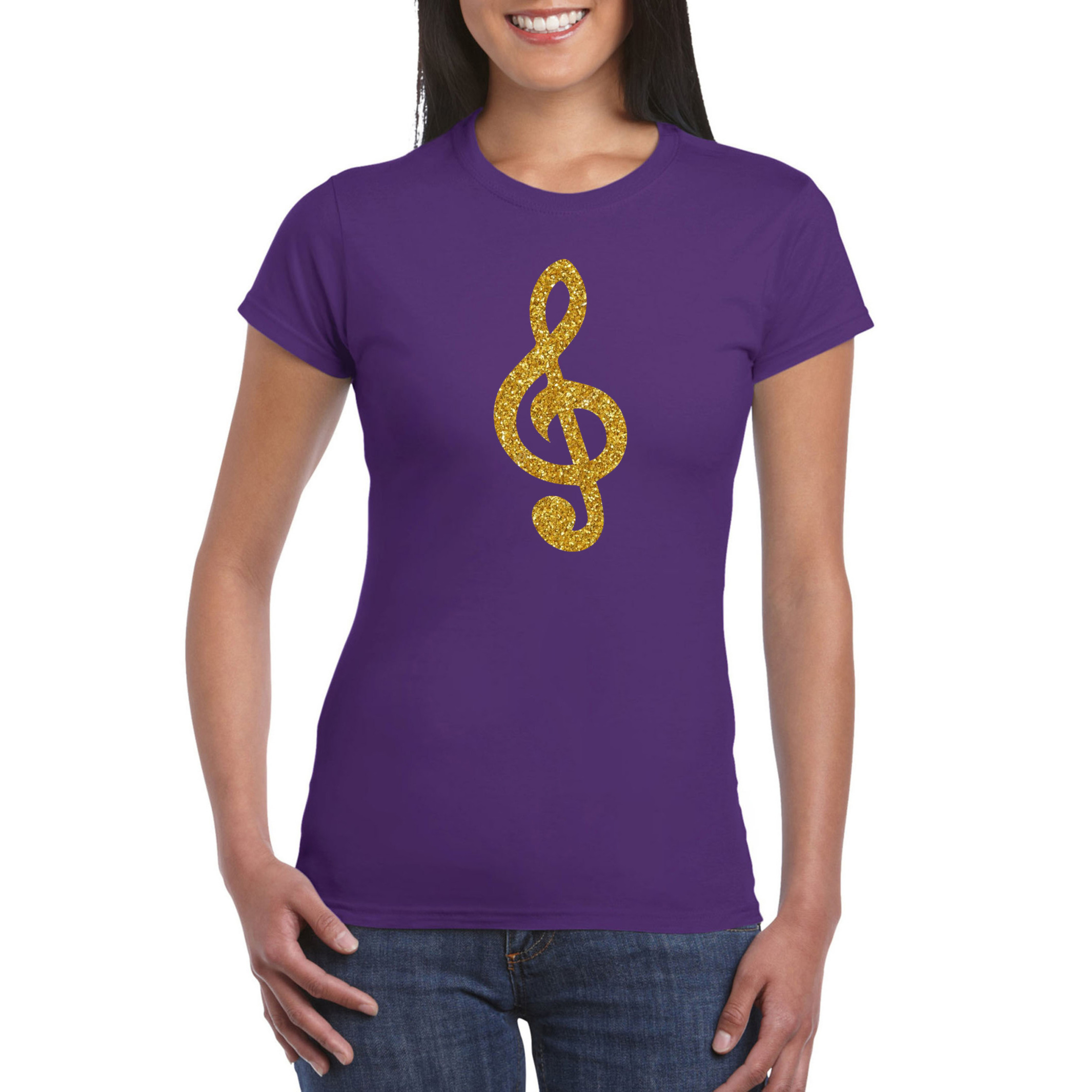 Gouden muzieknoot-G-sleutel t-shirt paars voor dames
