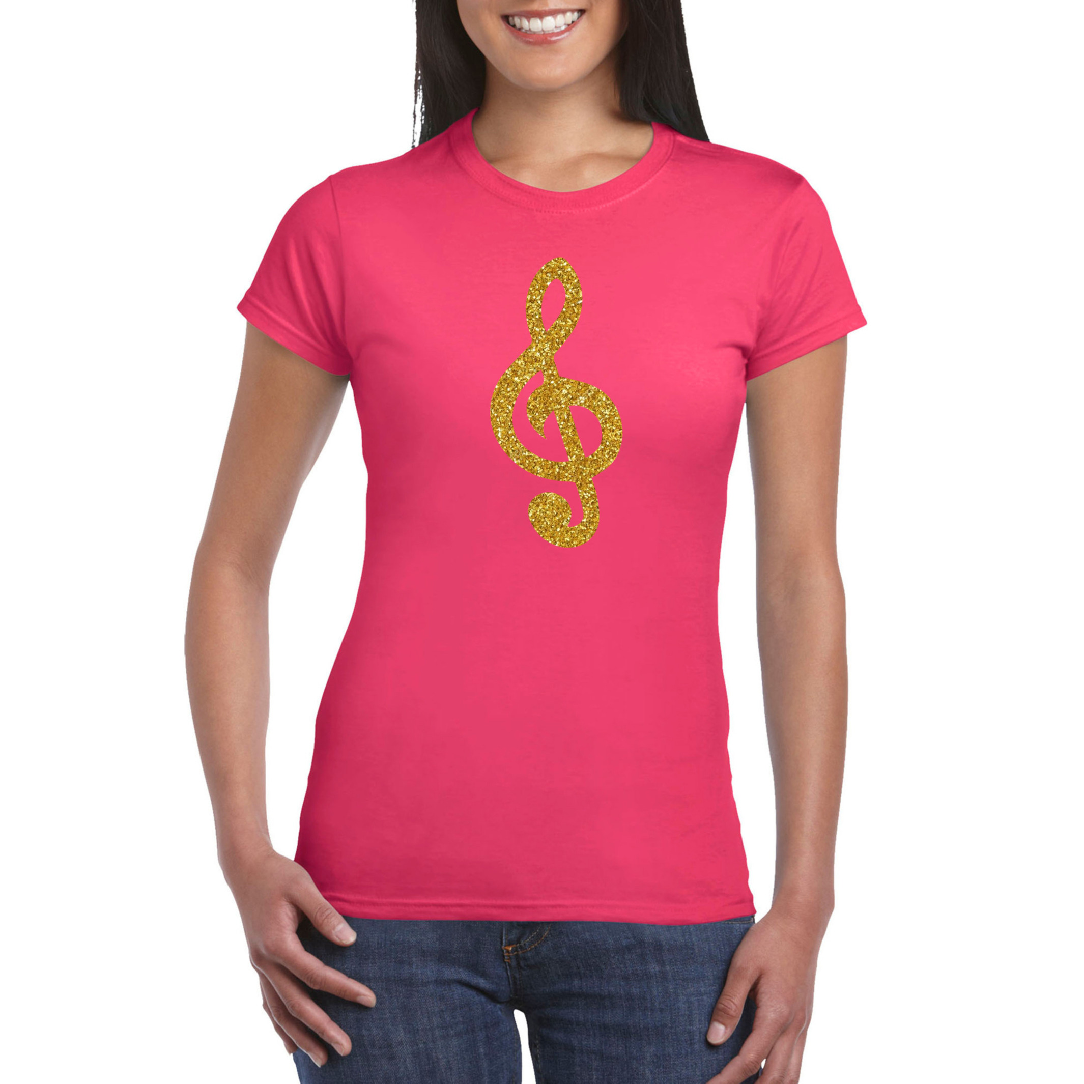 Gouden muzieknoot G-sleutel t-shirt roze voor dames