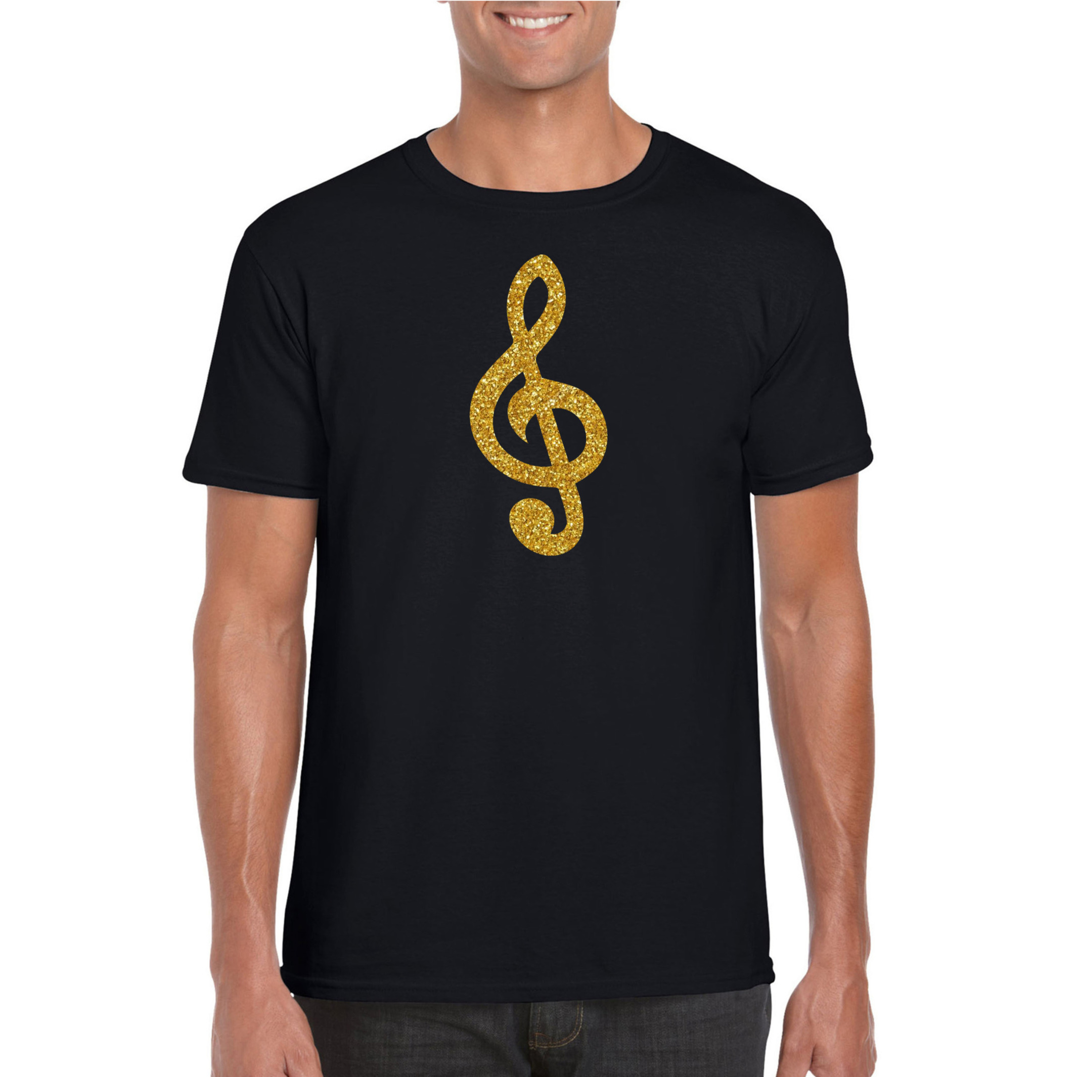Gouden muzieknoot G-sleutel t-shirt zwart voor heren