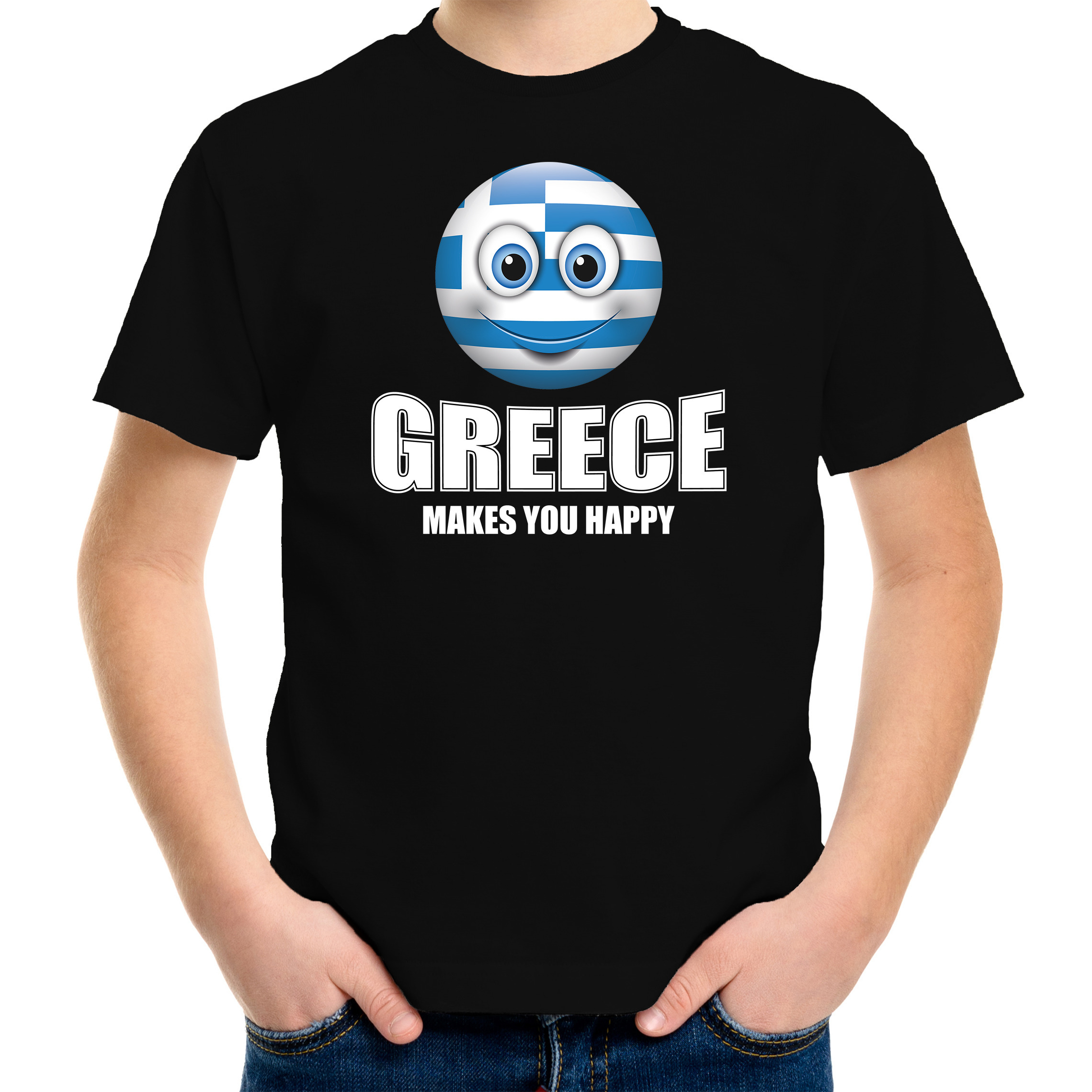 Greece makes you happy landen-vakantie shirt zwart voor kinderen met emoticon