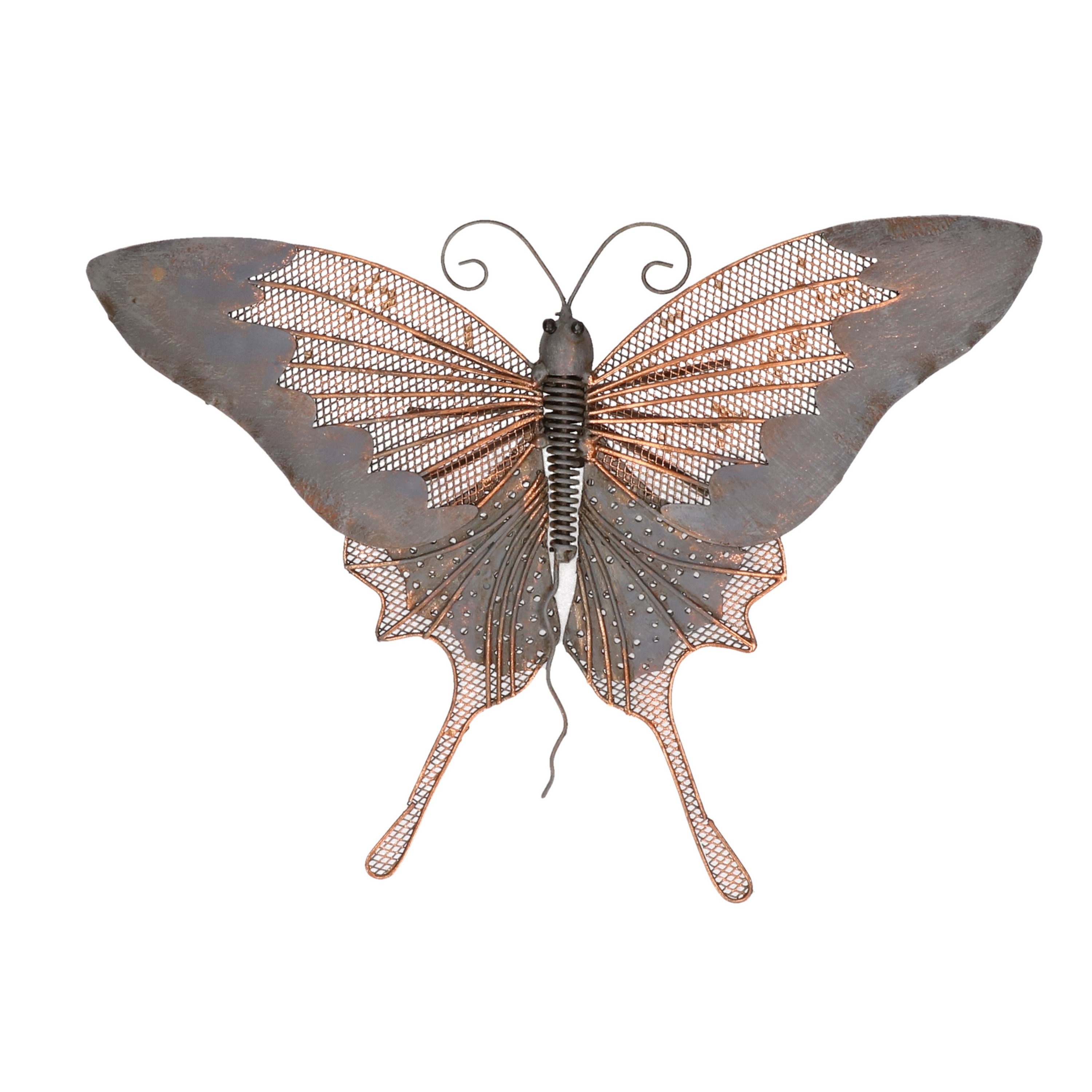 Grijs-goudbruine metalen tuindecoratie vlinder hangdecoratie 34 x 24 cm cm