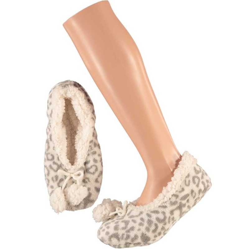 Grijze ballerina dames pantoffels-sloffen met luipaardprint maat 40-42