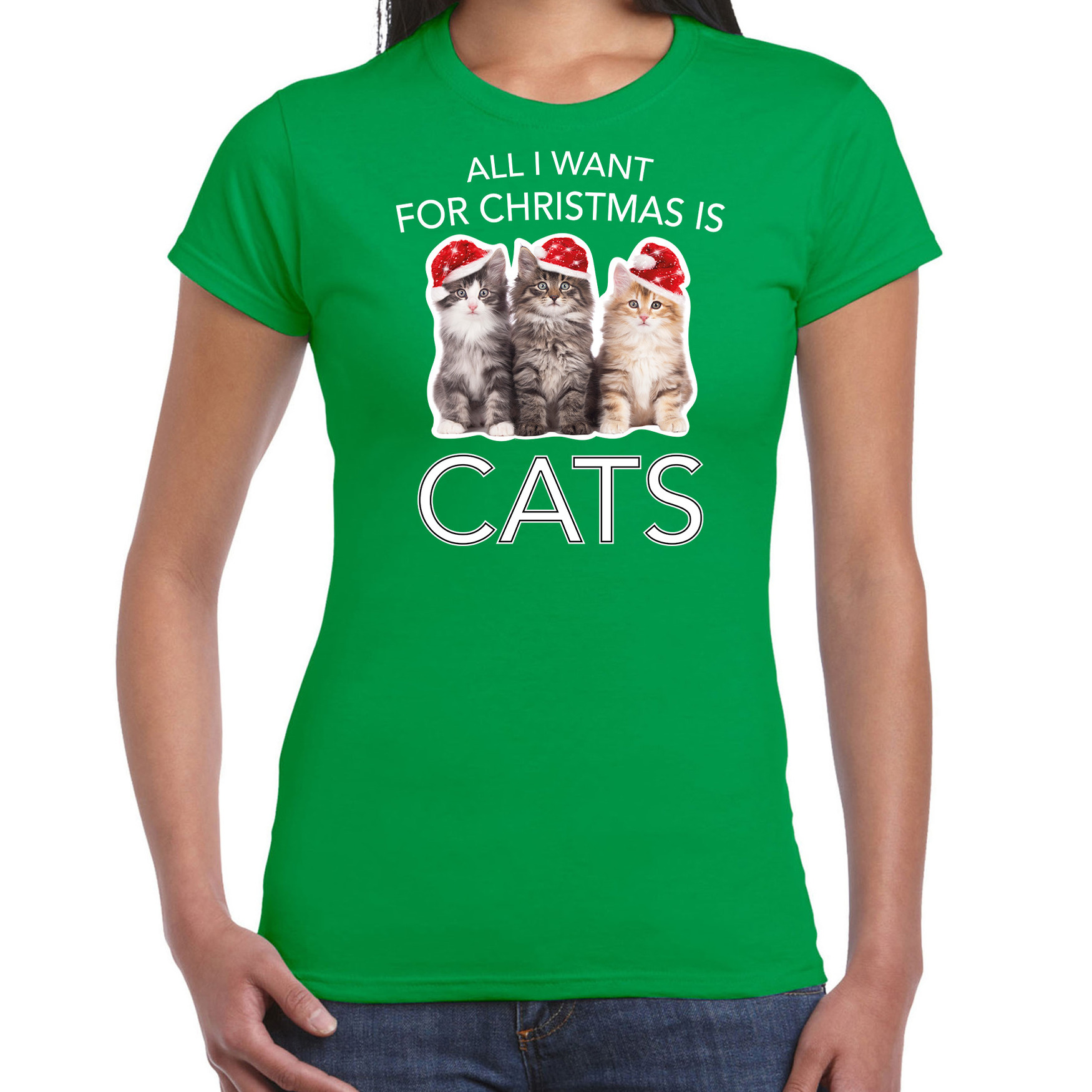 Groen Kerstshirt-Kerstkleding All i want for christmas is cats voor dames