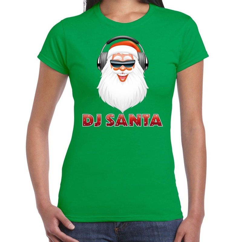 Groen kerstshirt-kerstkleding DJ Santa met koptelefoon voor dames