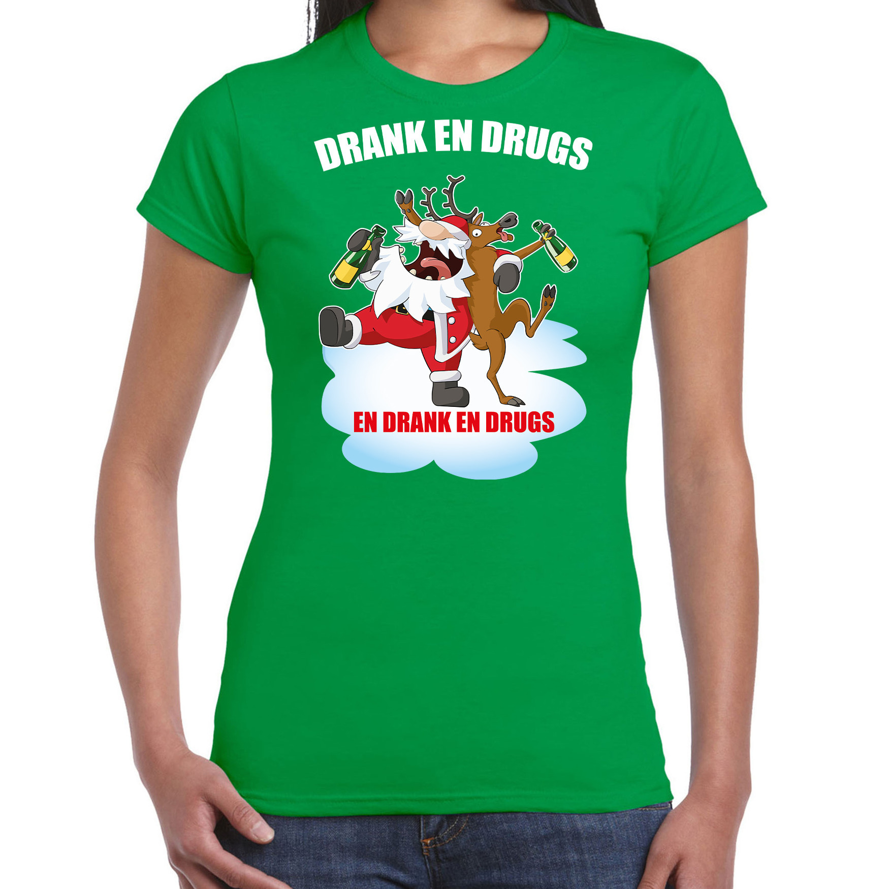 Groen Kerstshirt-Kerstkleding Drank en drugs voor dames