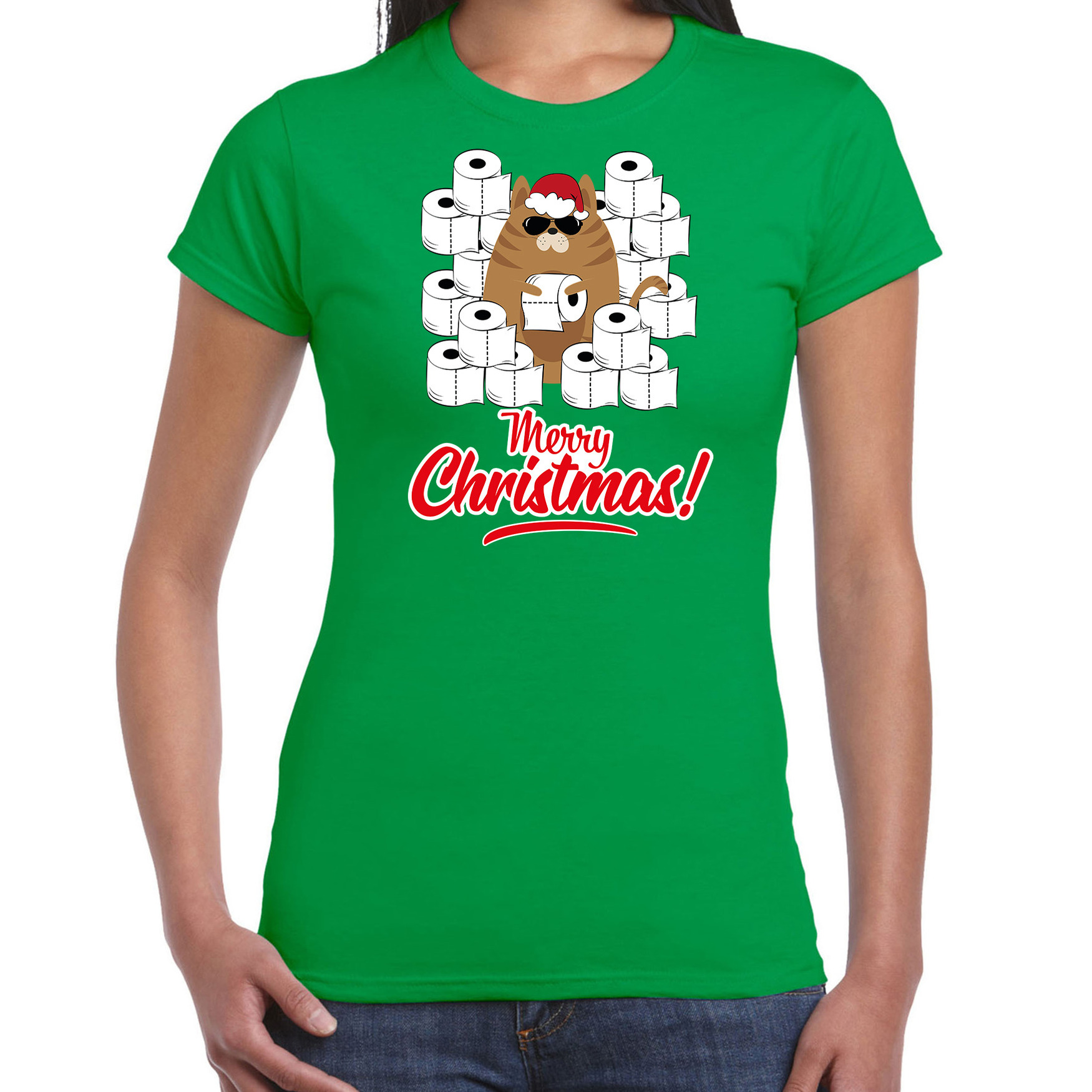 Groen Kerstshirt-Kerstkleding hamsterende kat Merry Christmas voor dames
