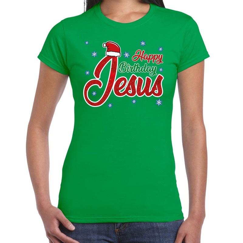 Groen kerstshirt-kerstkleding Happy birthday Jesus voor dames