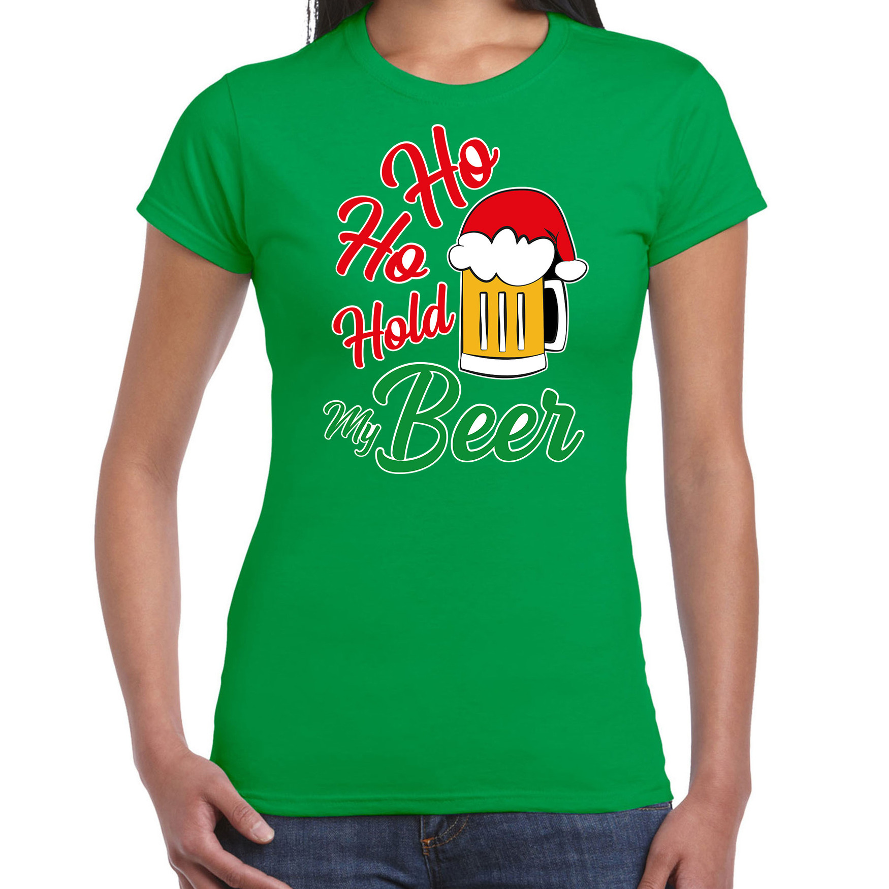 Groen Kerstshirt-Kerstkleding Ho ho hold my beer voor dames