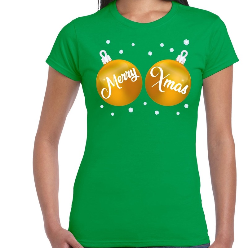Groen kerstshirt-kerstkleding met gouden merry xmas ballen voor dames