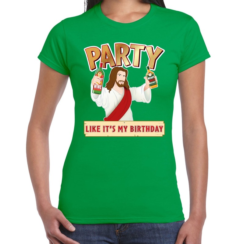 Groen kerstshirt-kerstkleding met party Jezus voor dames