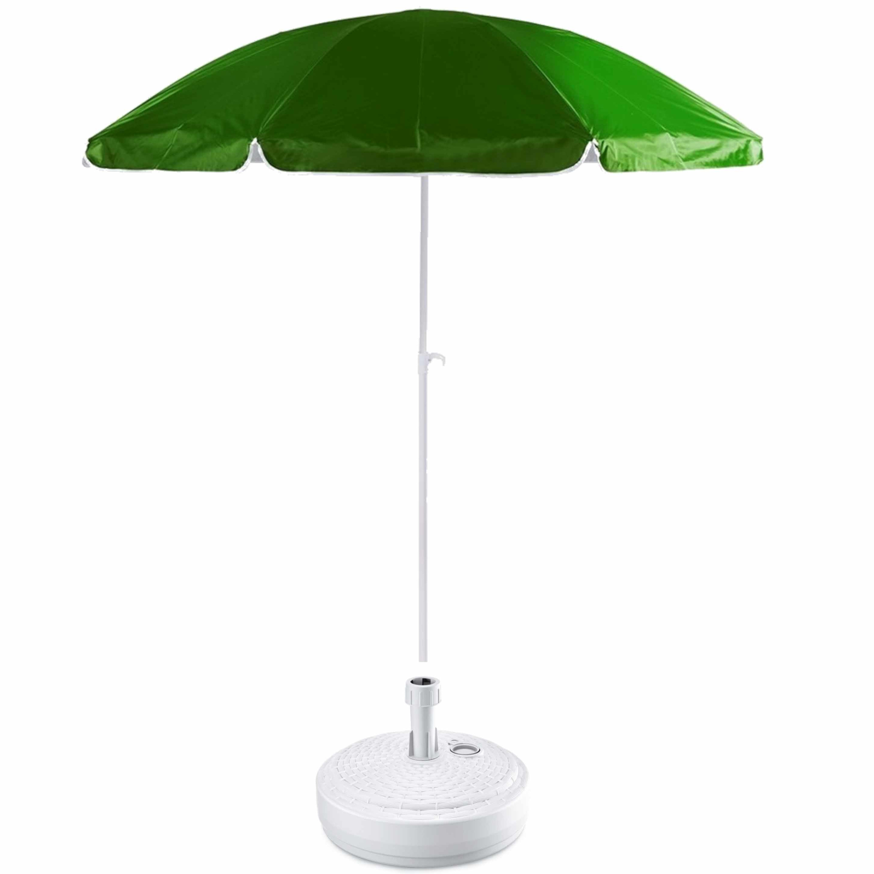 Groen strand-tuin basic parasol van nylon 200 cm + parasolvoet wit rotan