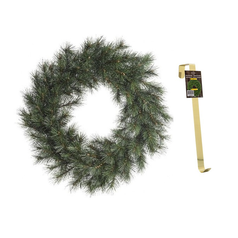 Groene kerstkrans 50 cm Malmo voor de deur-poort met gouden hanger