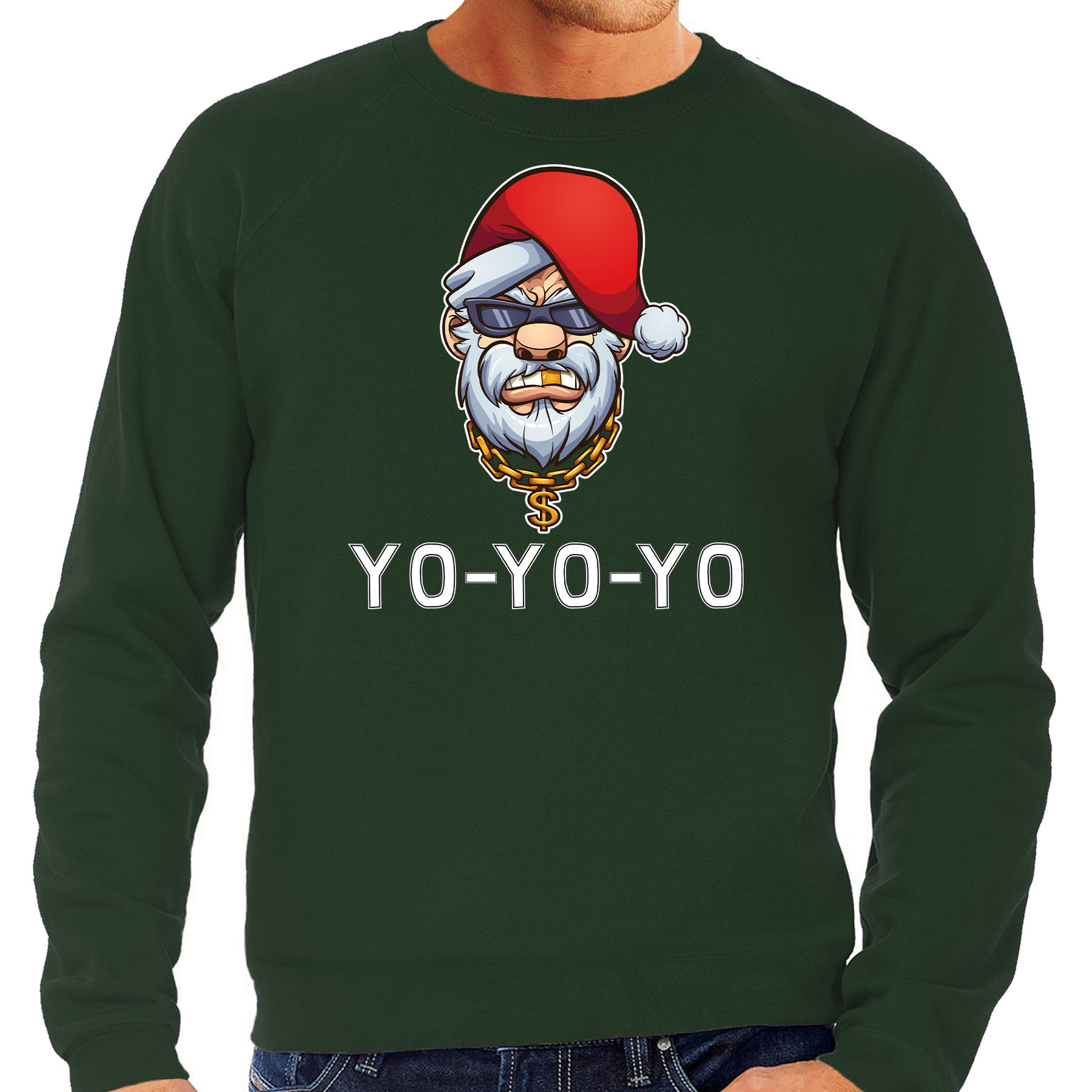 Groene Kerstsweater-Kerstkleding Gangster-rapper Santa voor heren