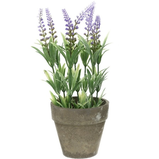 Groene-lilapaarse Lavandula lavendel kunstplanten 25 cm met grijze beton pot
