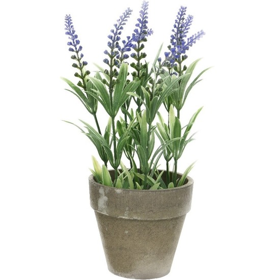 Groene-paarse Lavandula lavendel kunstplanten 25 cm met grijze beton pot