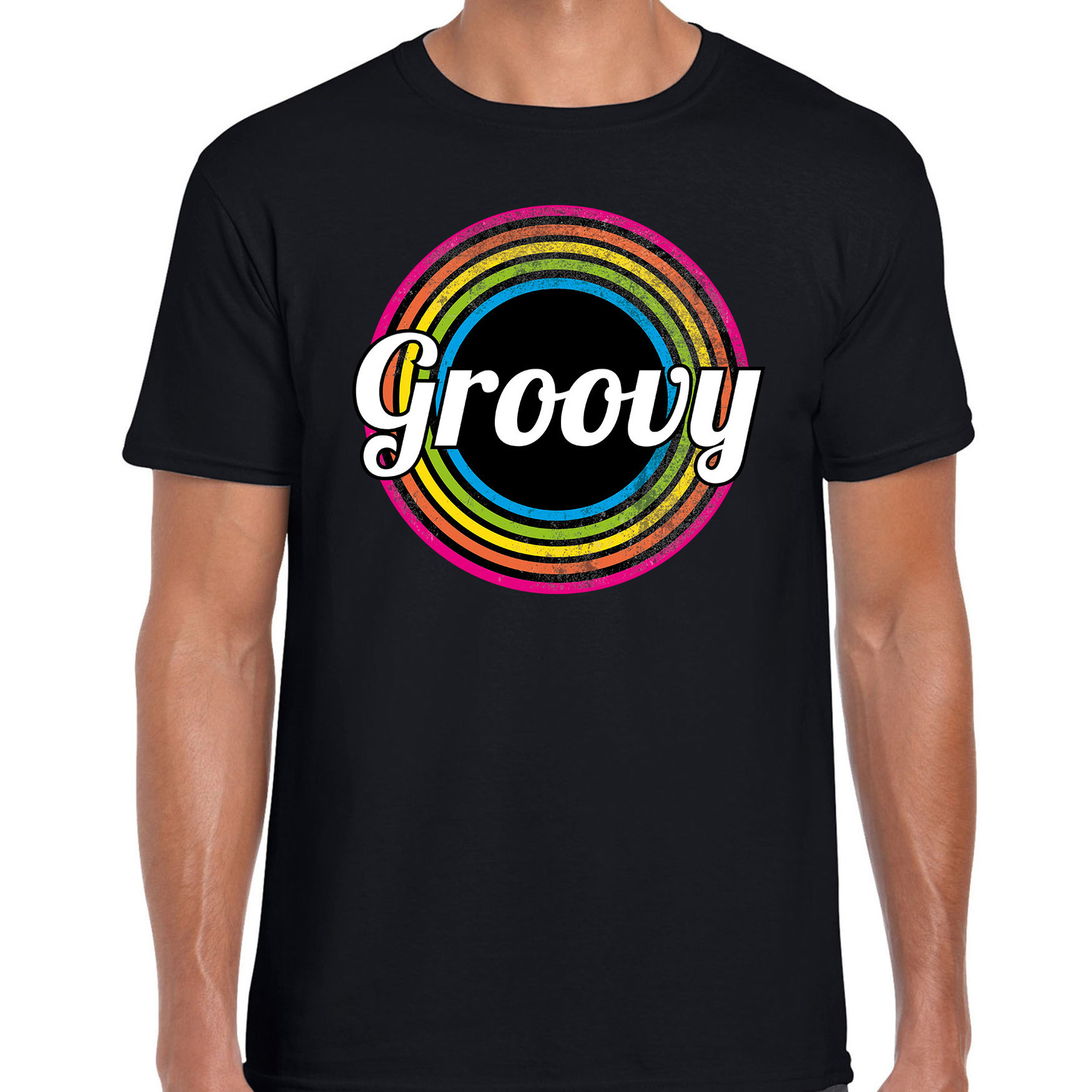 Groovy verkleed t-shirt zwart voor heren 70s, 80s party verkleed outfit