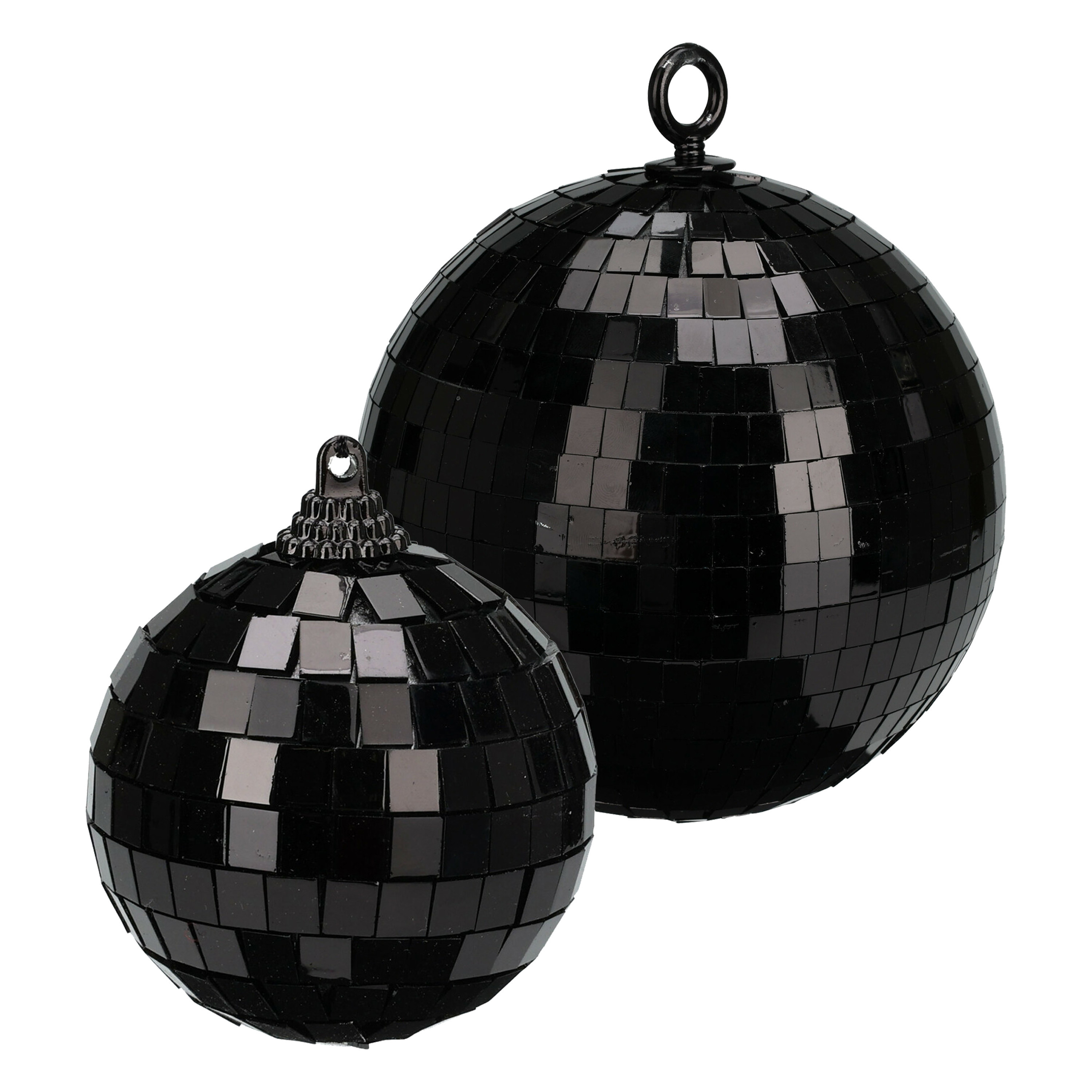 Grote discobal kerstballen 2x stuks zwart 12 en 15 cm kunststof