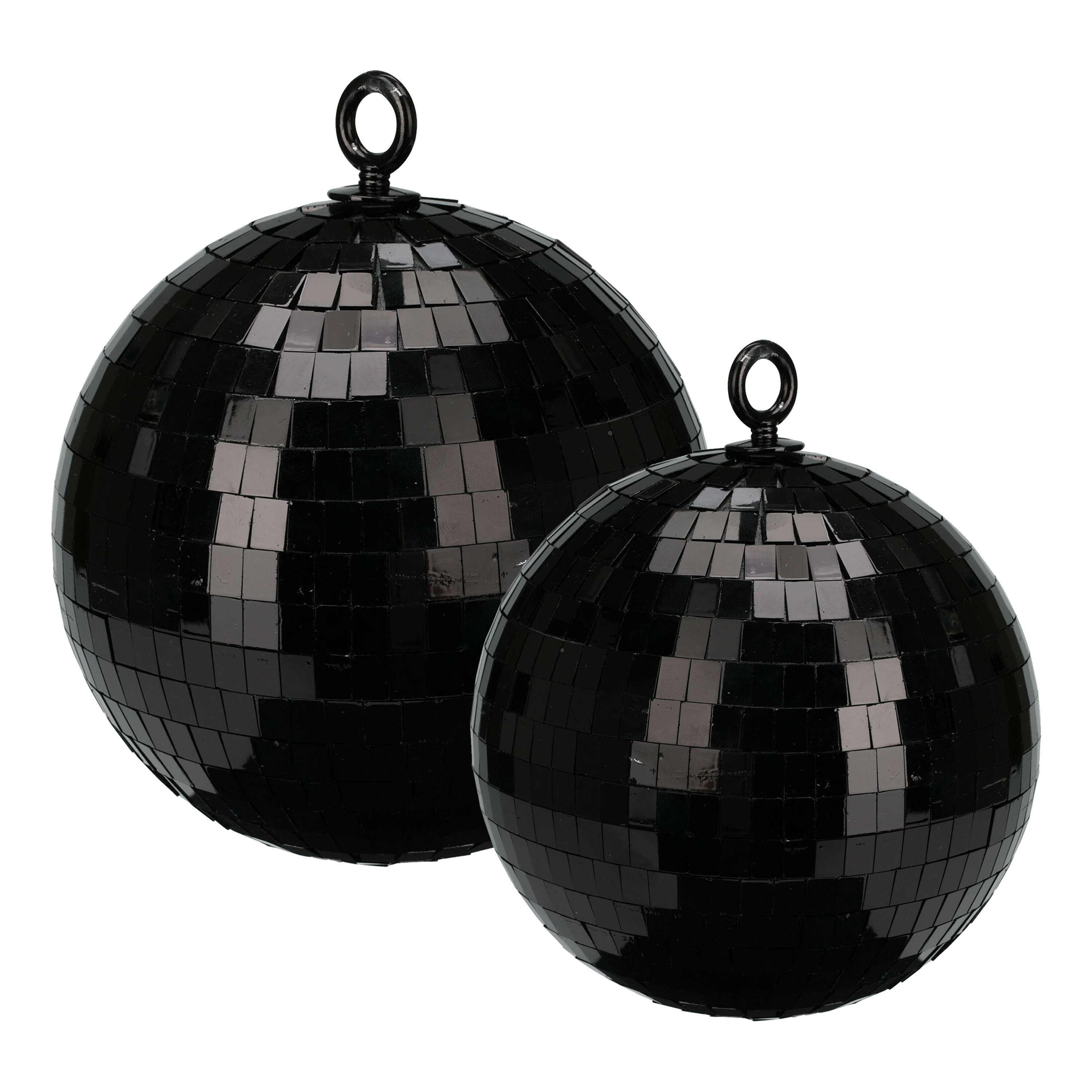 Grote discobal kerstballen 2x stuks zwart 15 en 18 cm kunststof