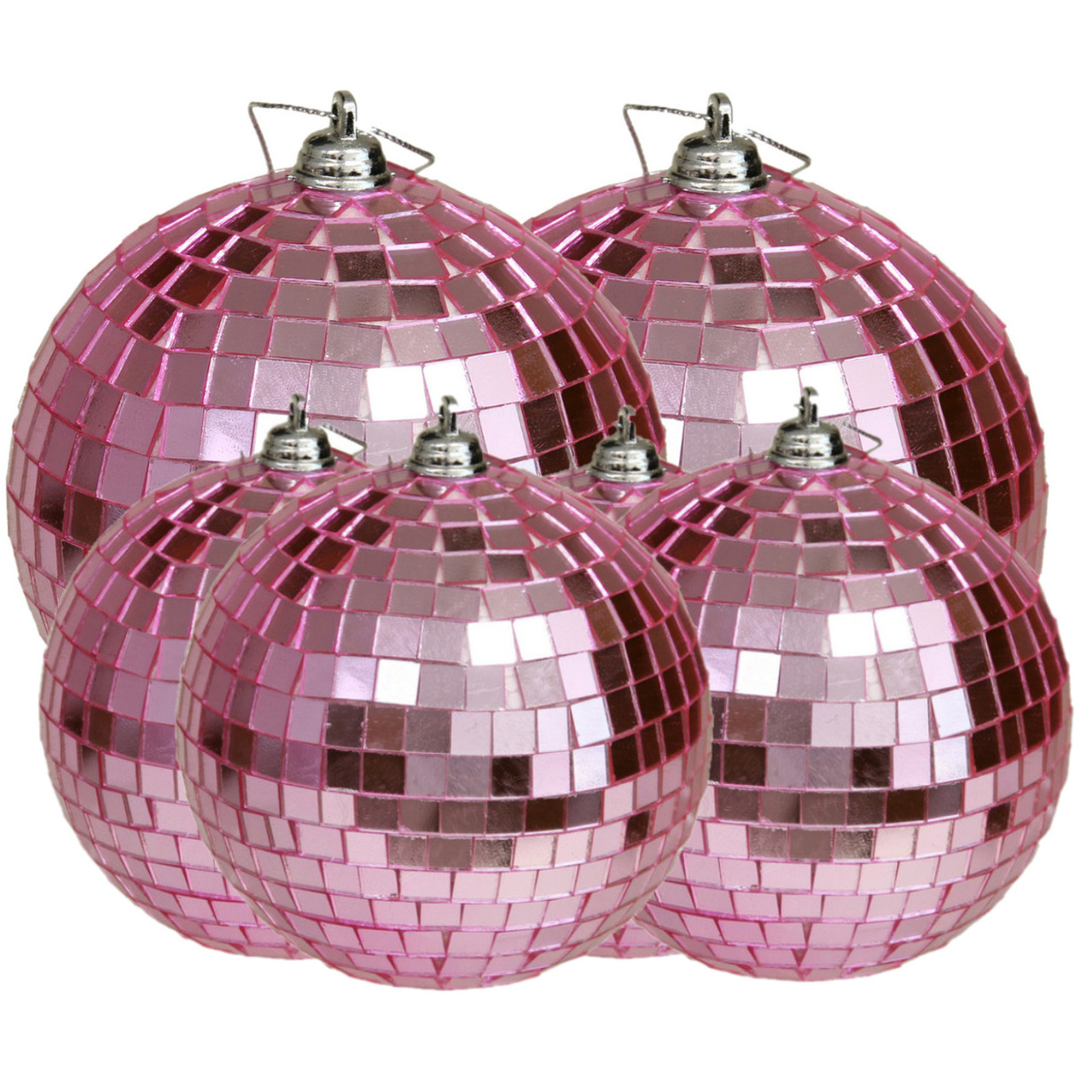 Grote discobal kerstballen 6x stuks roze 8 en 10 cm kunststof