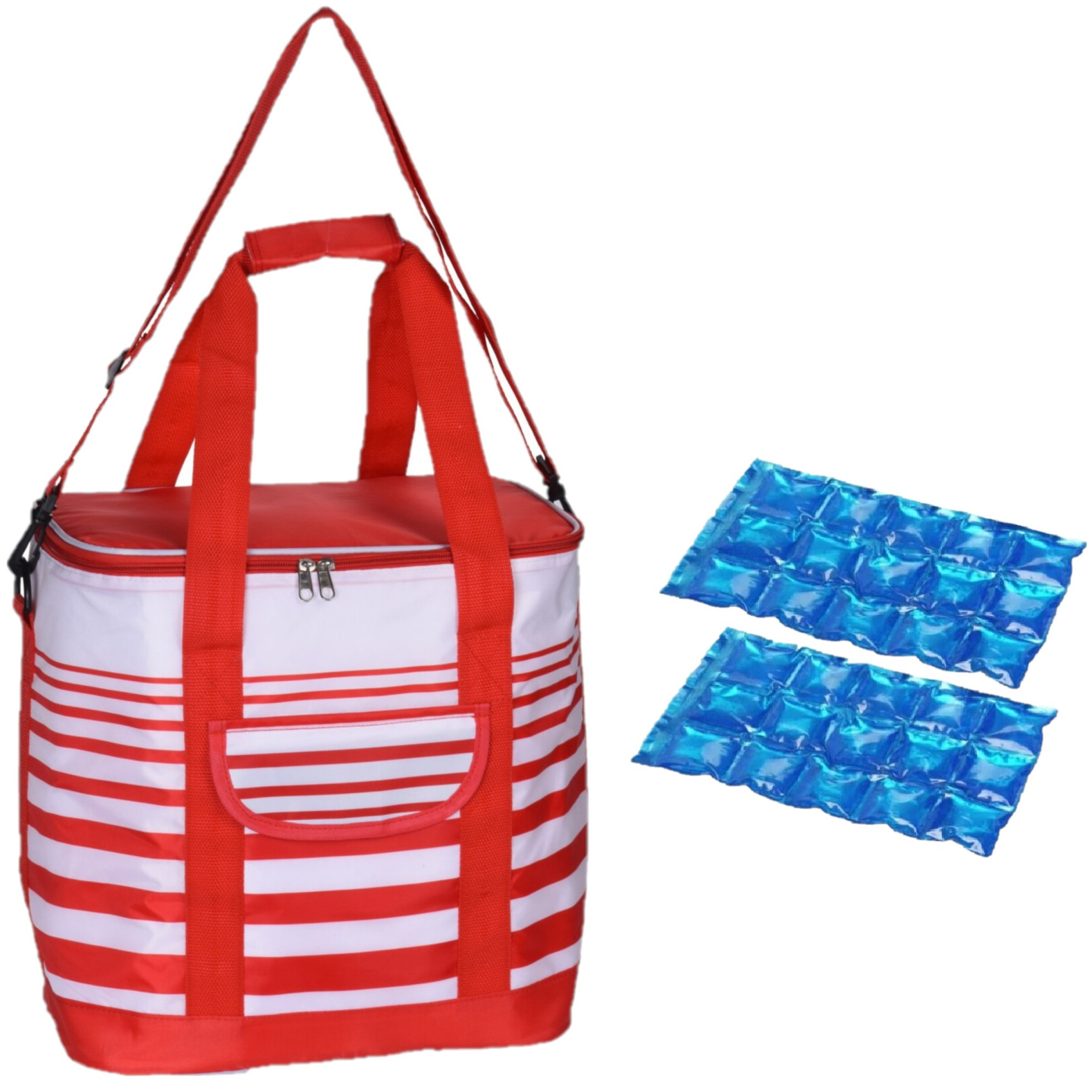 Grote koeltas draagtas schoudertas rood-wit gestreept met 2 stuks flexibele koelelementen 24 liter
