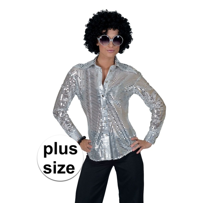 Grote maat zilveren disco seventies overhemd voor dames