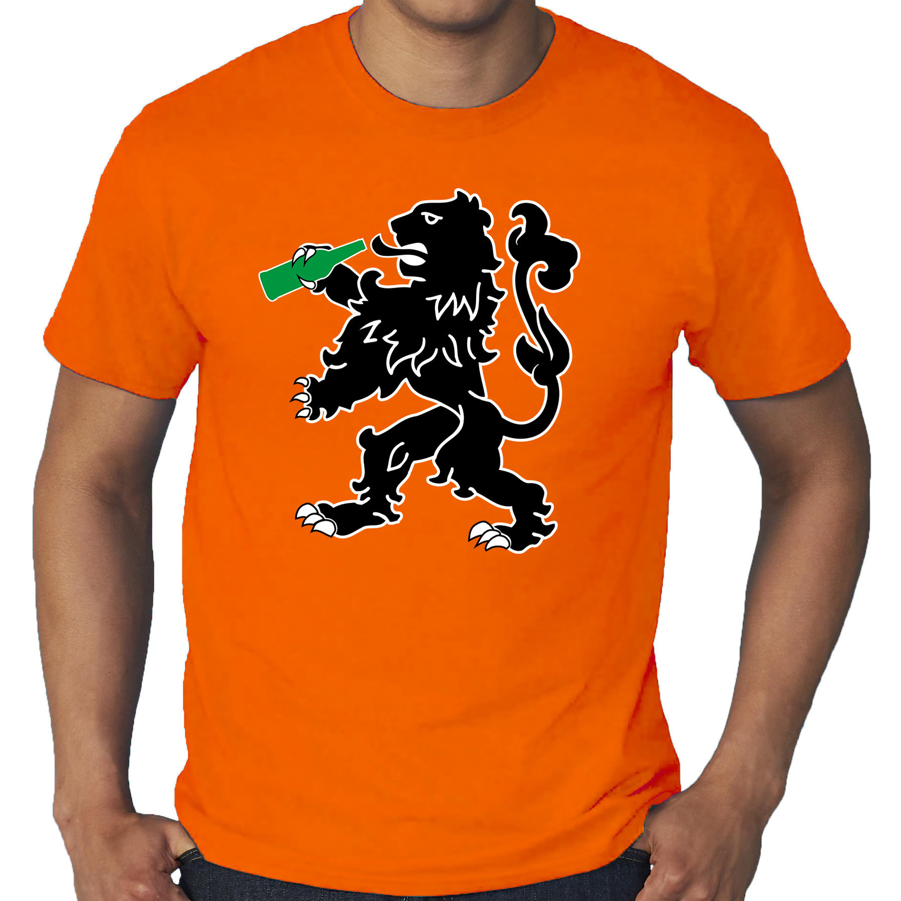 Grote maten drinkende leeuw t-shirt oranje voor heren Koningsdag shirts