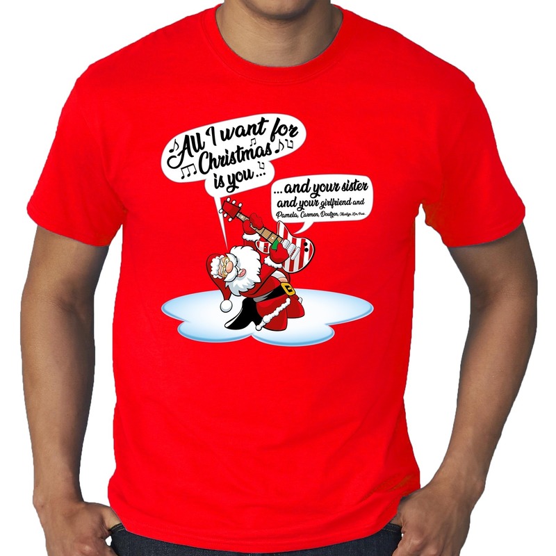 Grote maten kerstborrel shirt-Fout Kerst t-shirt met zingende kerstman en gitaar rood voor heren