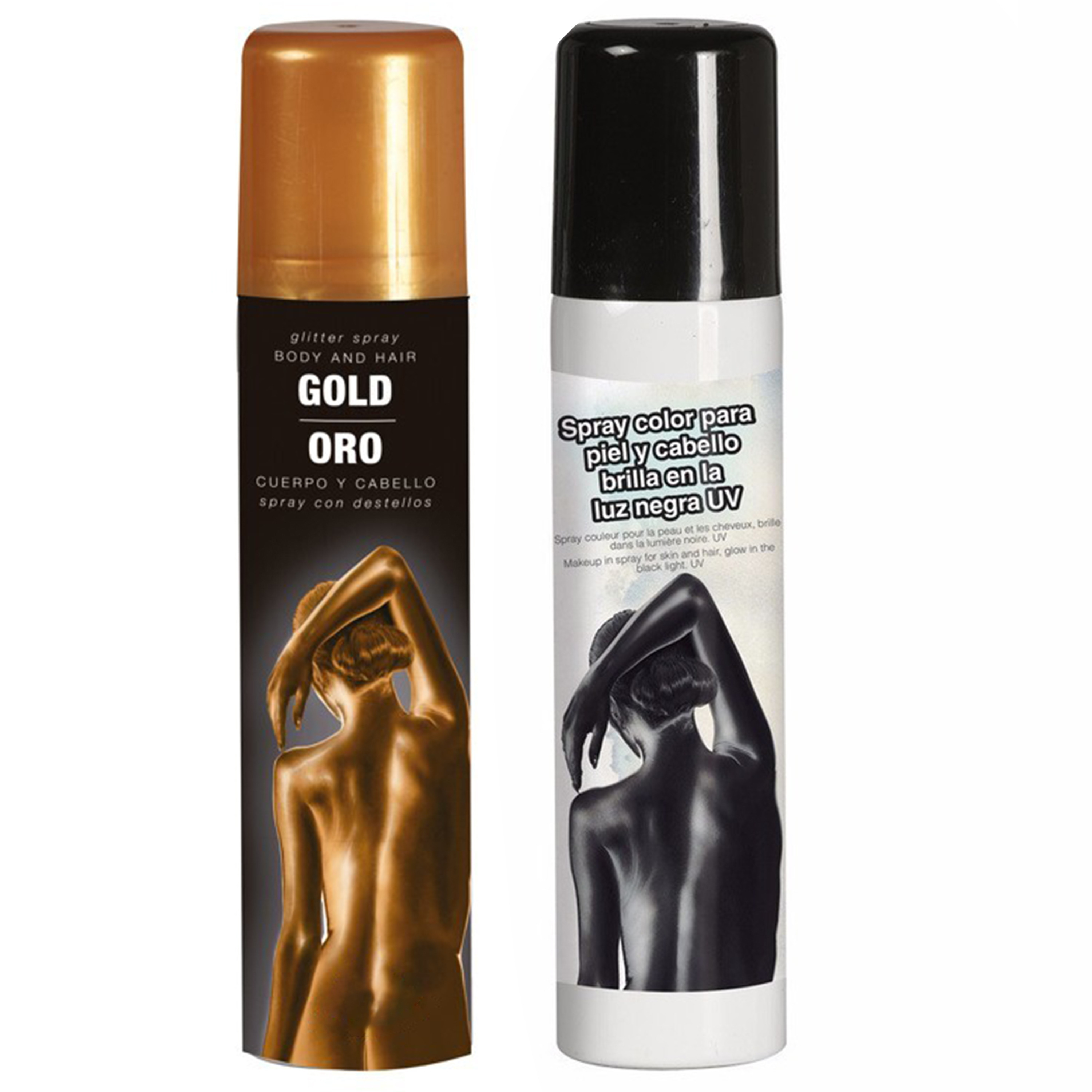 Guirca Haarspray-bodypaint spray 2x kleuren goud en zwart 75 ml