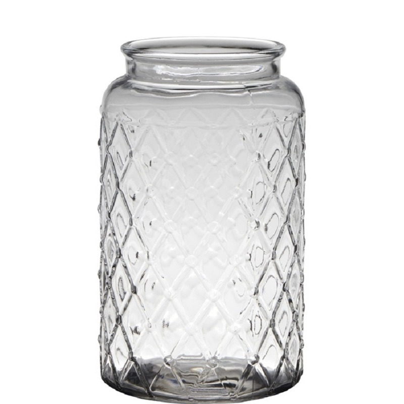 Hakbijl Glass Bloemenvaas Brussel transparant eco glas D16xH26 cm ruit patroon cilinder vaas